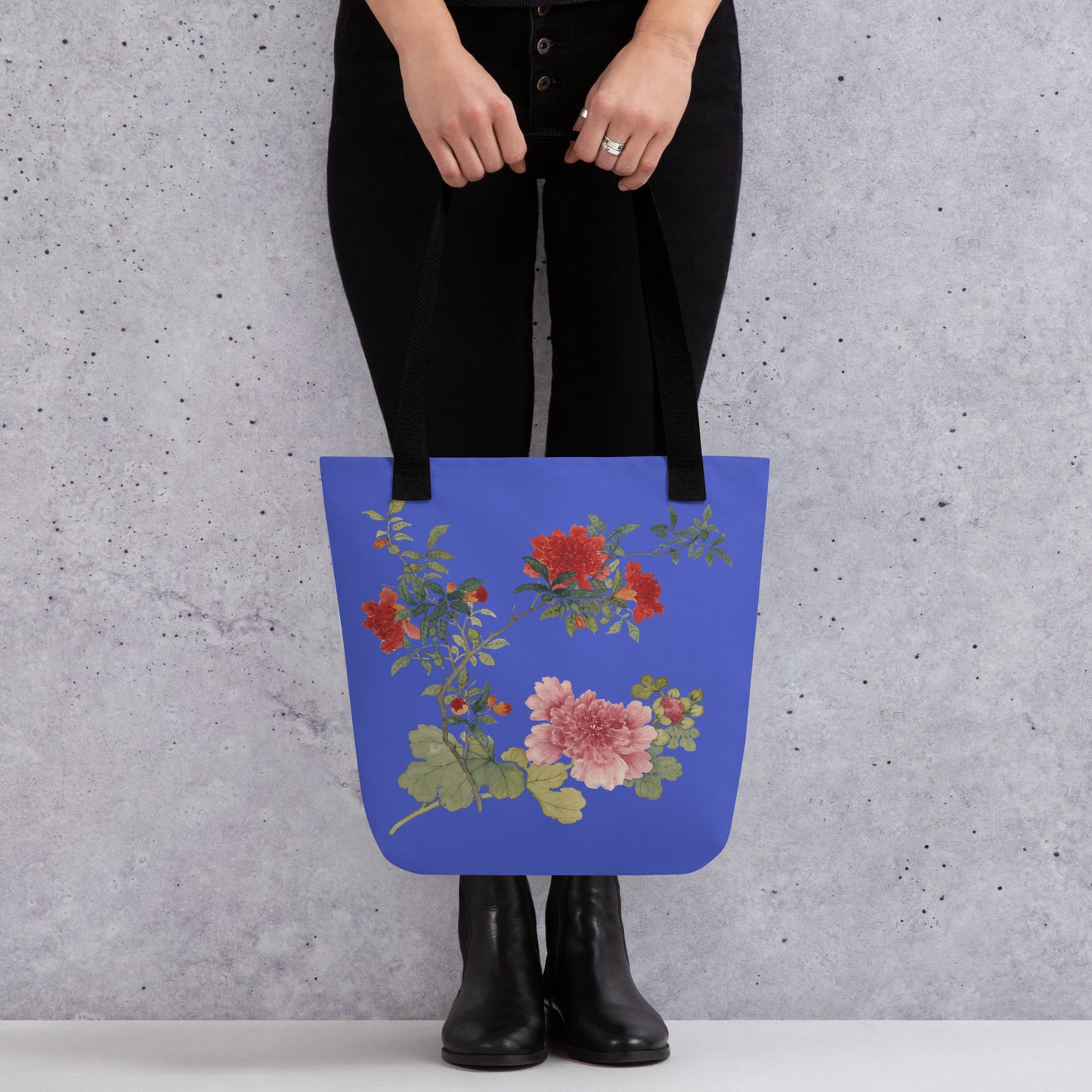 The Spirit of Flowers in Twelve Months｜Hollyhock and Pomegranate in Bloom｜Tote bag｜Royal blue