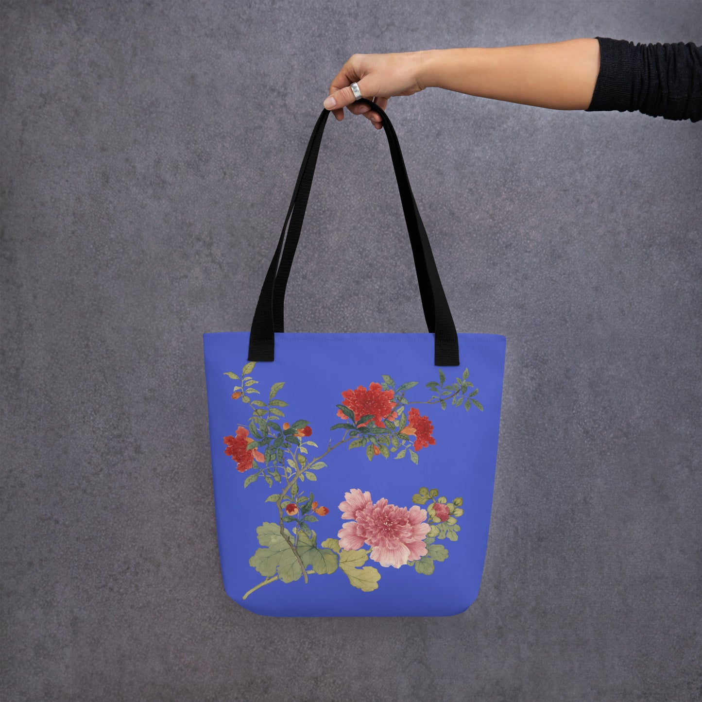 The Spirit of Flowers in Twelve Months｜Hollyhock and Pomegranate in Bloom｜Tote bag｜Royal blue