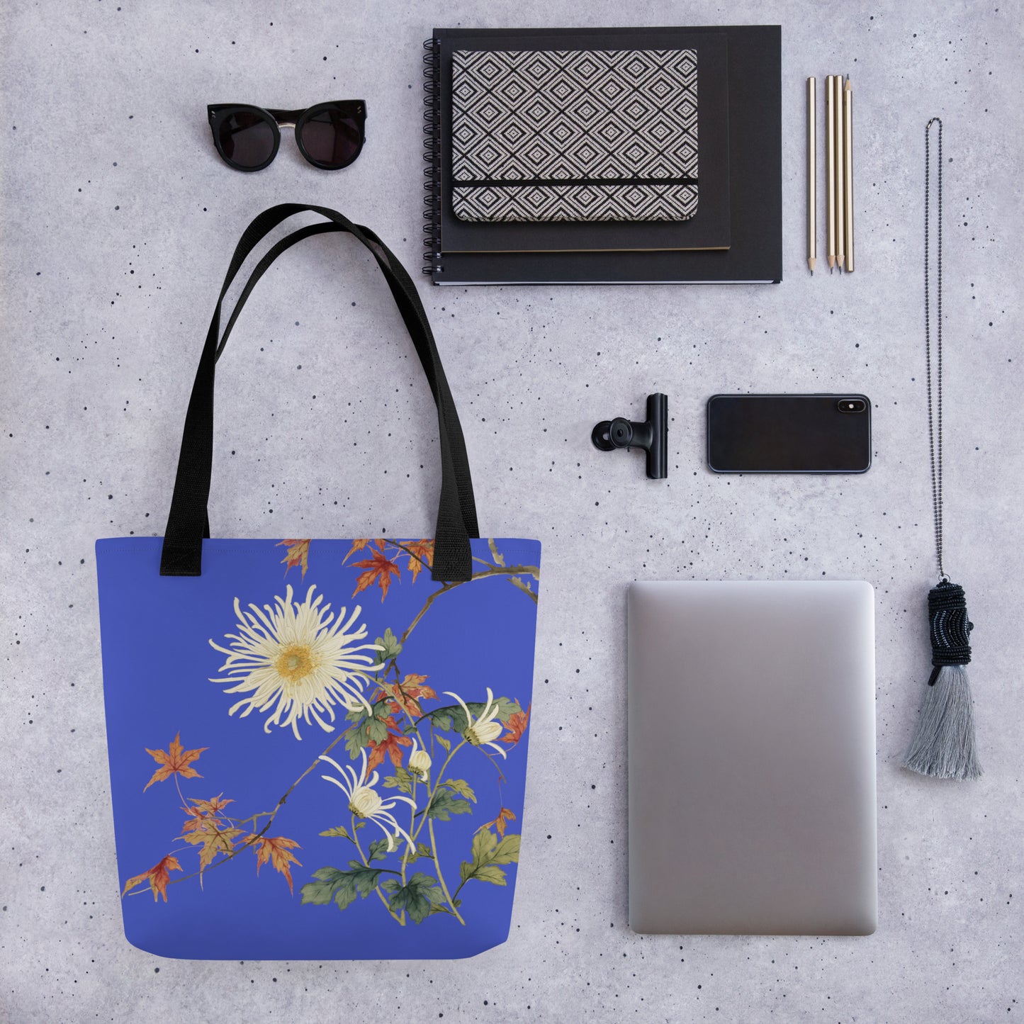 The Spirit of Flowers in Twelve Months｜Blooming Chrysanthemum and Maple Leaves｜Tote bag｜Royal blue