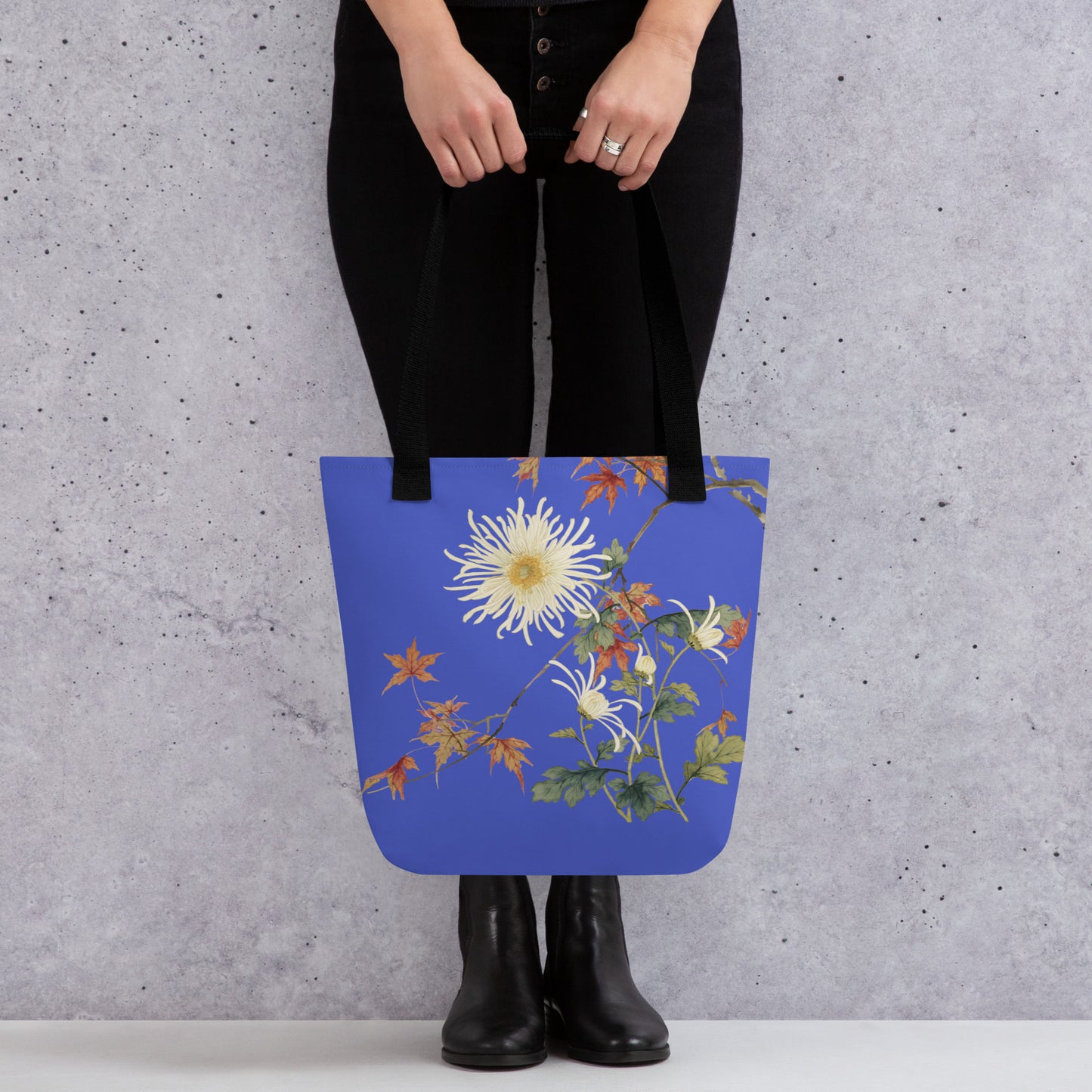 The Spirit of Flowers in Twelve Months｜Blooming Chrysanthemum and Maple Leaves｜Tote bag｜Royal blue