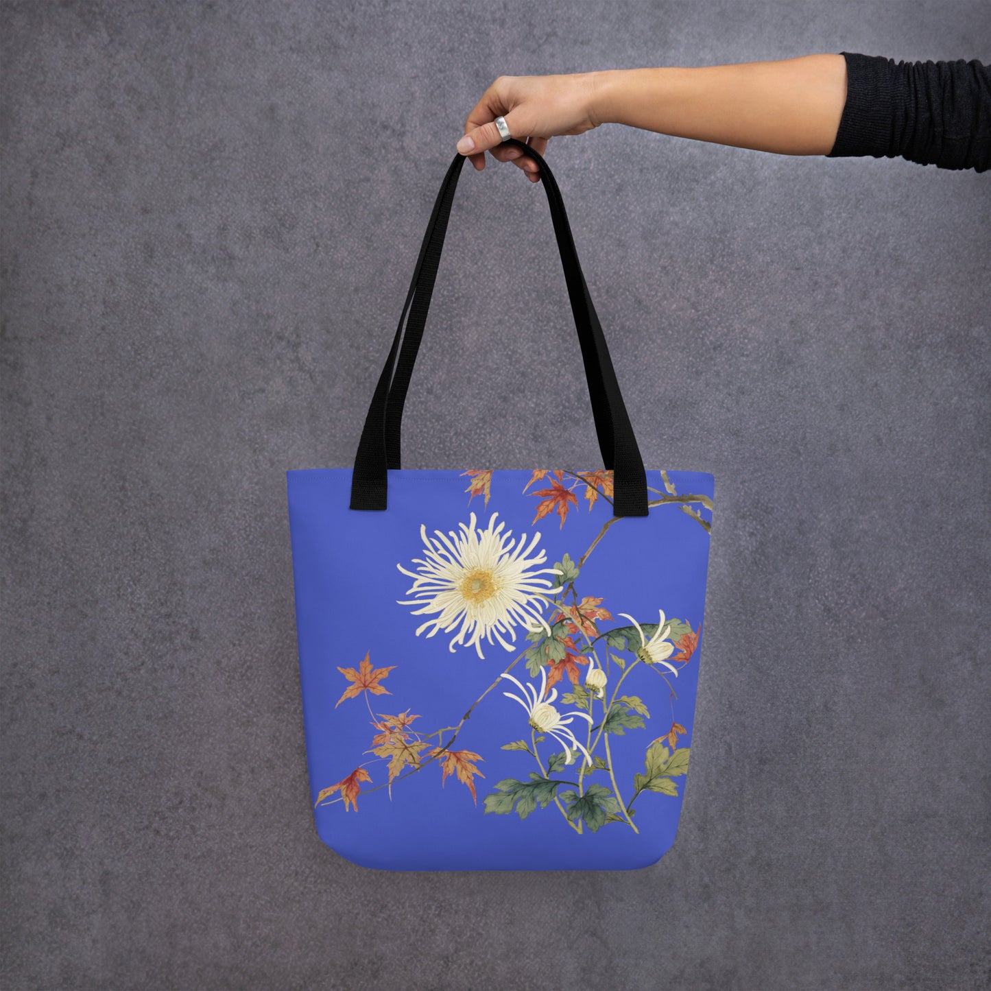 The Spirit of Flowers in Twelve Months｜Blooming Chrysanthemum and Maple Leaves｜Tote bag｜Royal blue