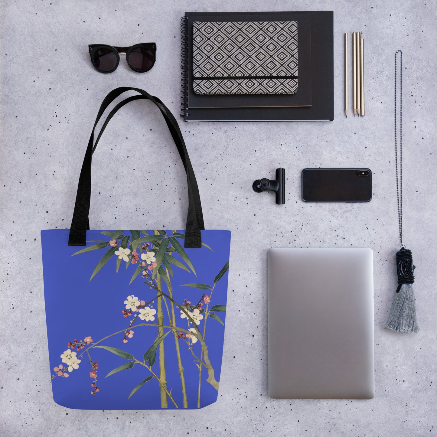 The Spirit of Flowers in Twelve Months｜Crimson Plum Blossom and Lush Green Bamboo｜Tote bag｜Royal blue