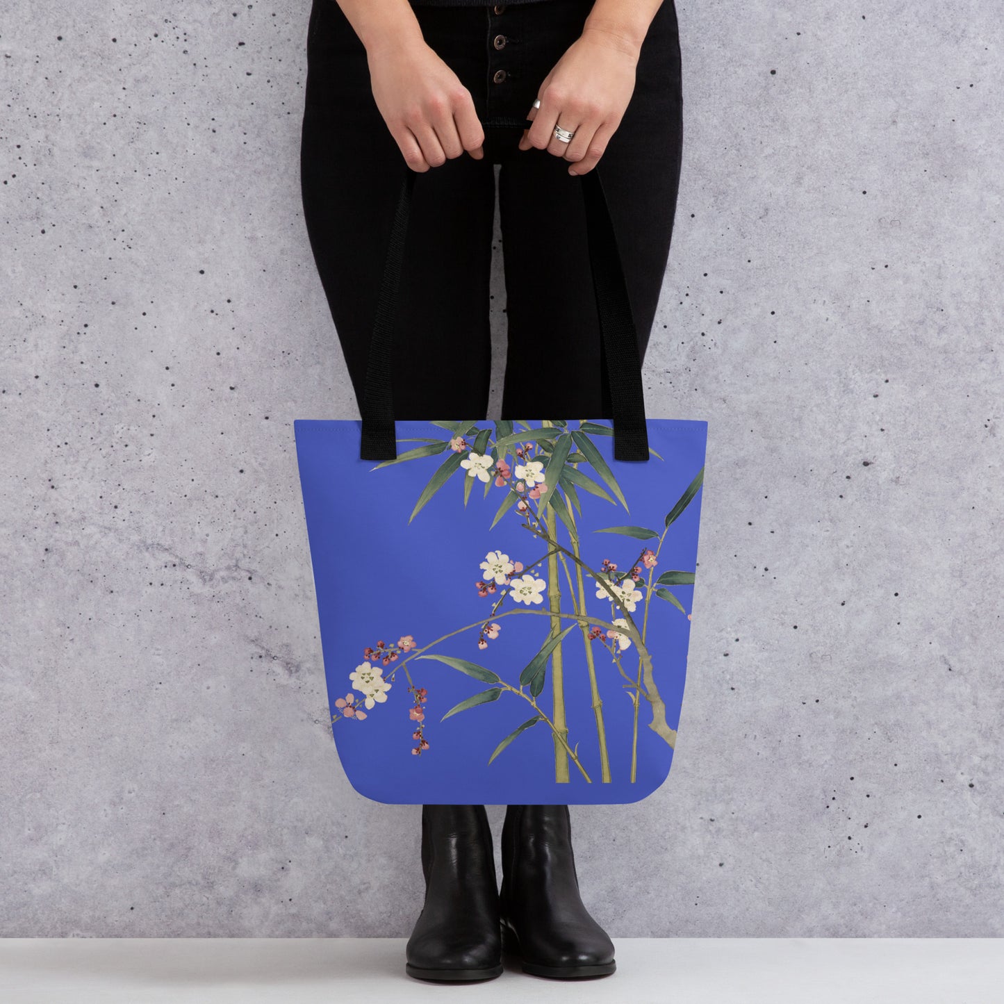 The Spirit of Flowers in Twelve Months｜Crimson Plum Blossom and Lush Green Bamboo｜Tote bag｜Royal blue