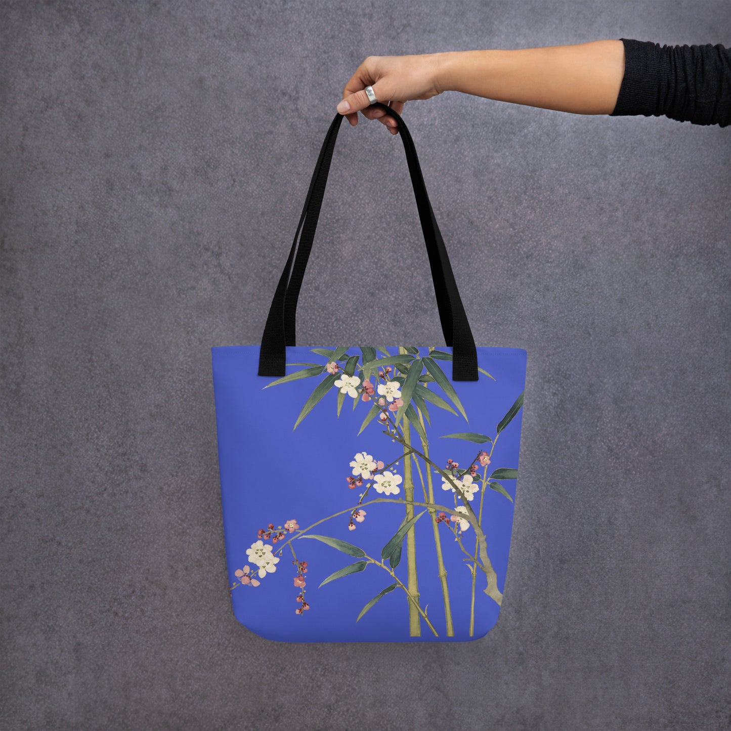 The Spirit of Flowers in Twelve Months｜Crimson Plum Blossom and Lush Green Bamboo｜Tote bag｜Royal blue