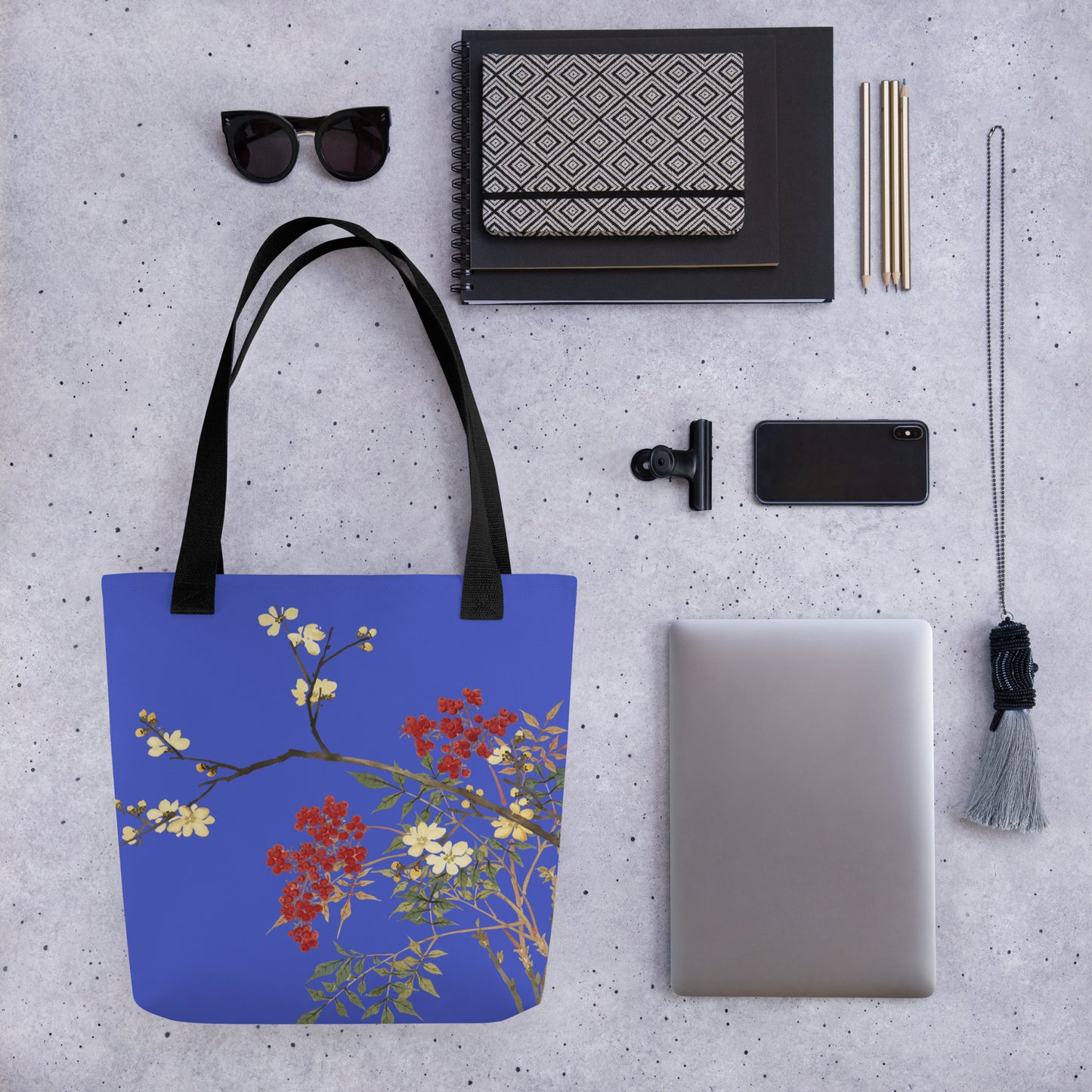 The Spirit of Flowers in Twelve Months｜Blooming Wintersweet and Heavenly Bamboo｜Tote bag｜Royal blue