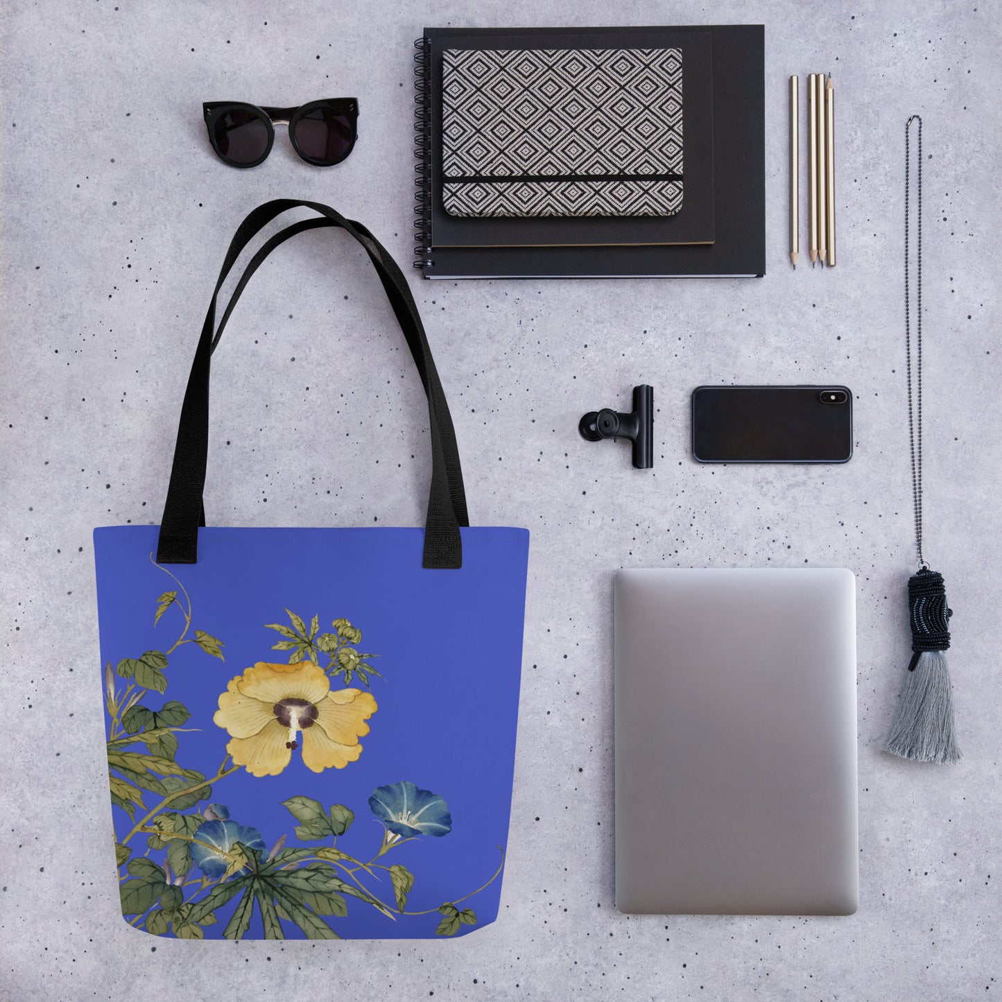 The Spirit of Flowers in Twelve Months｜Okra and White-edged Morning Glory in Bloom｜Tote bag｜Royal blue