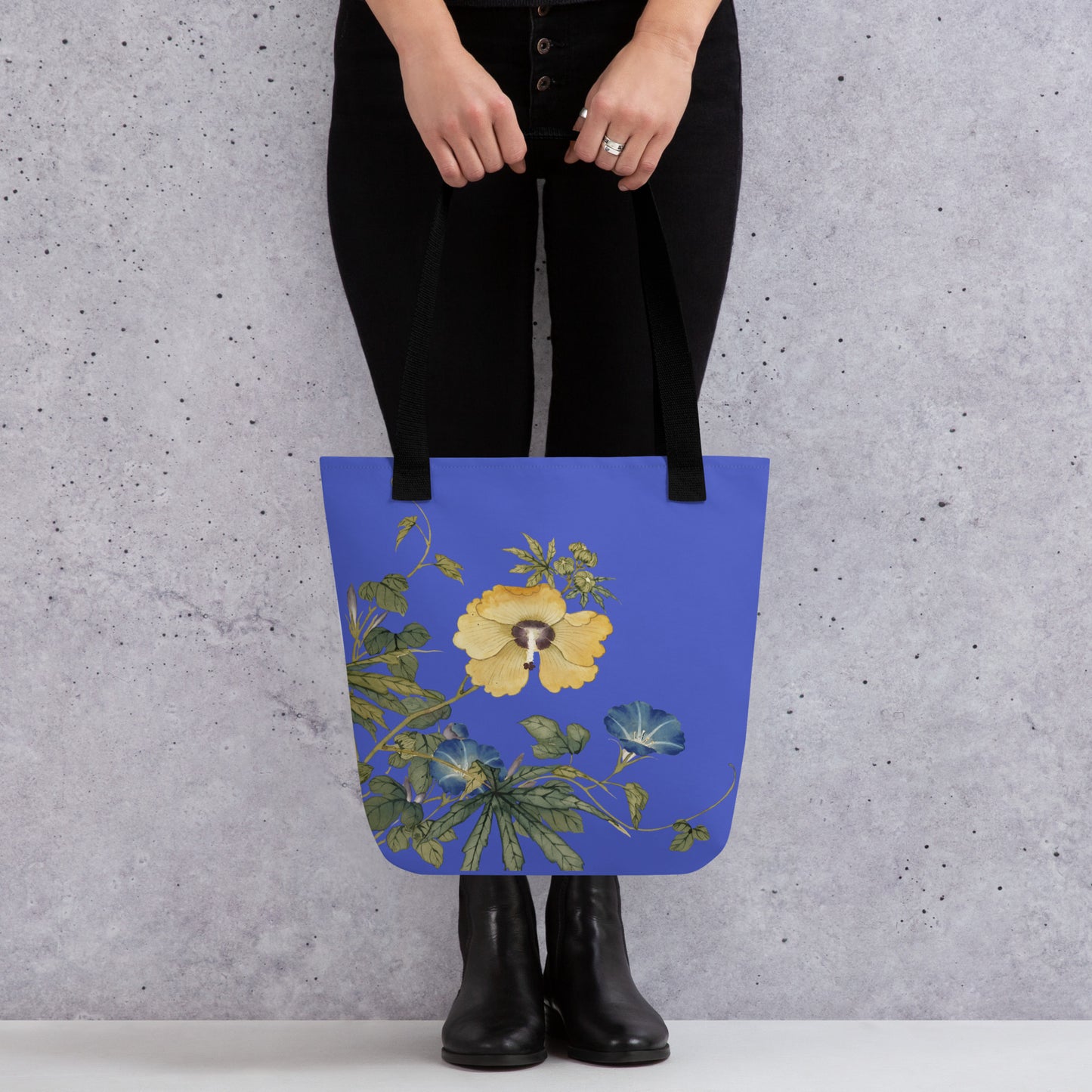 The Spirit of Flowers in Twelve Months｜Okra and White-edged Morning Glory in Bloom｜Tote bag｜Royal blue