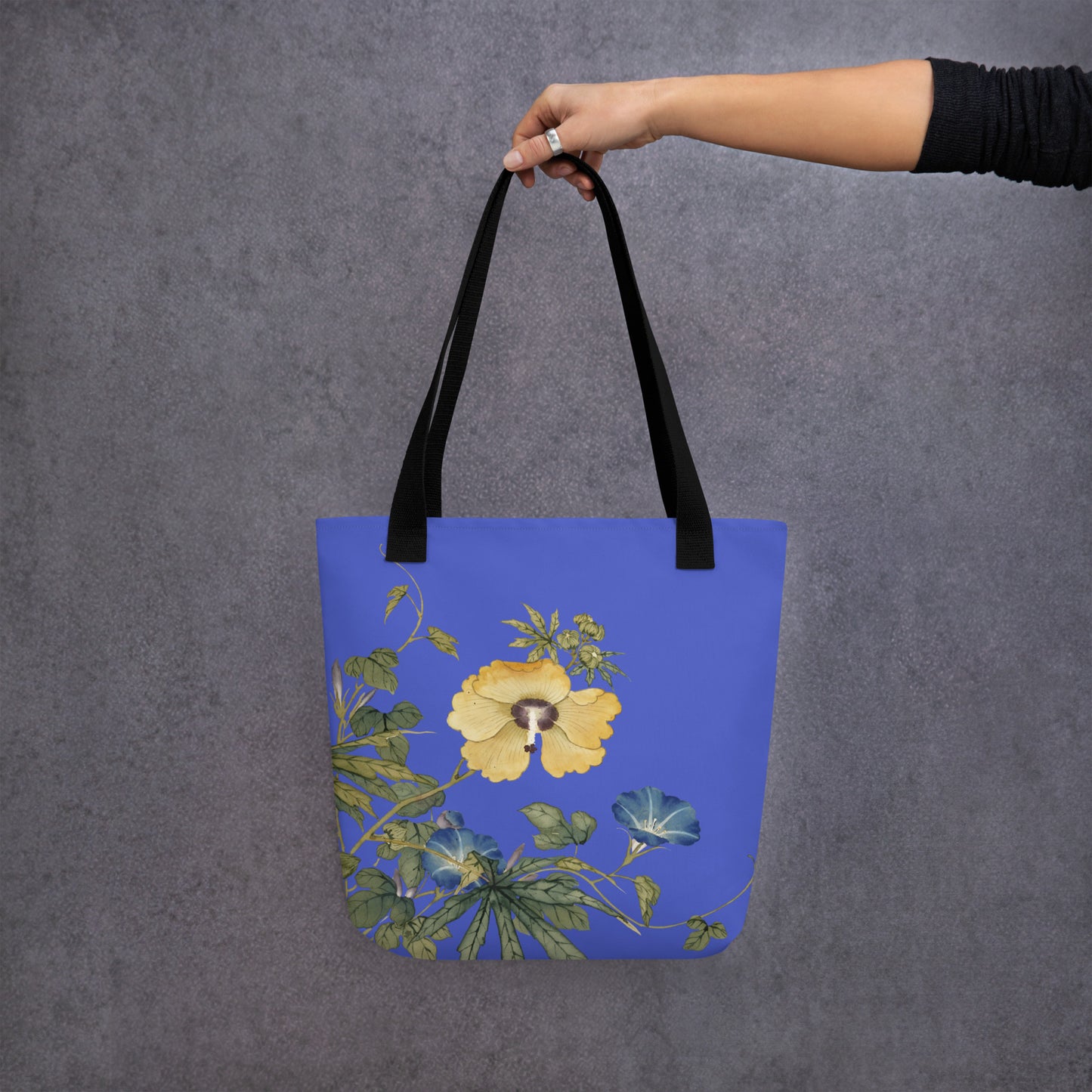 The Spirit of Flowers in Twelve Months｜Okra and White-edged Morning Glory in Bloom｜Tote bag｜Royal blue