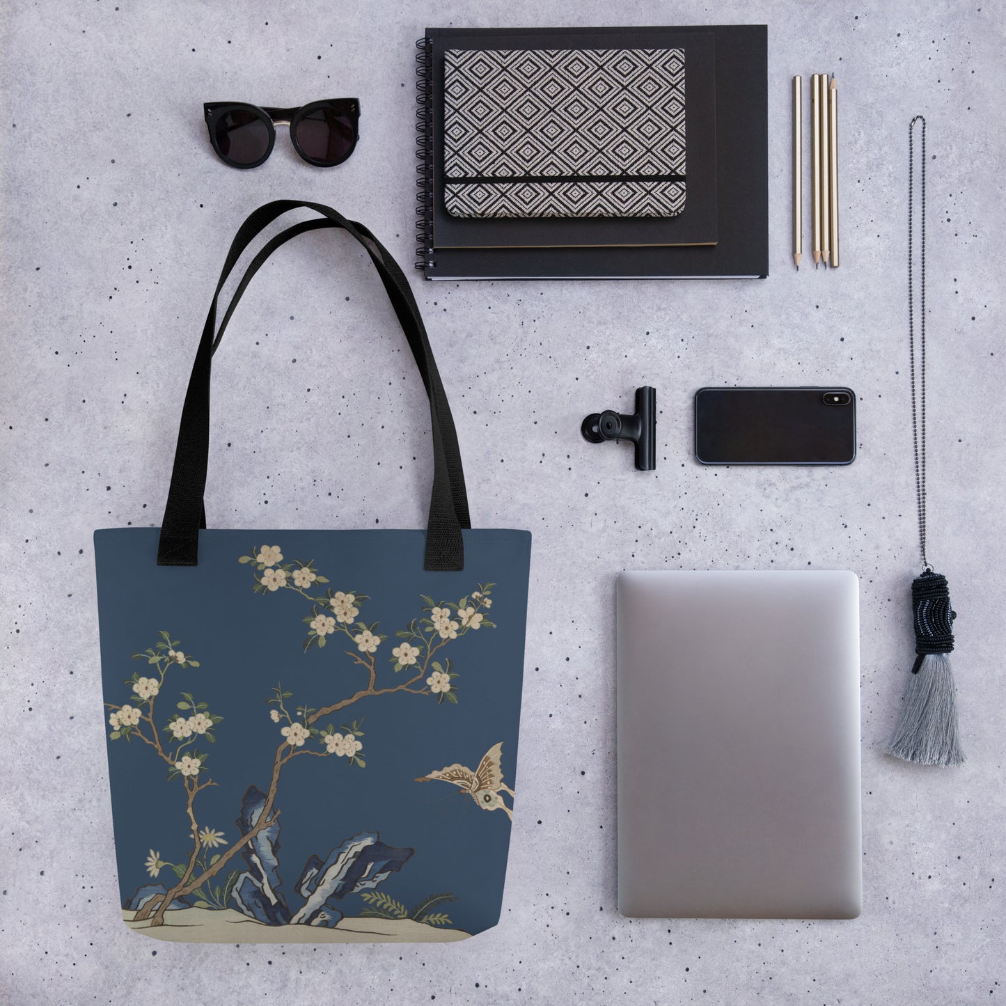 Kesi Flower Album｜White Plum Blossoms and Butterfly｜Tote bag｜Dark blue