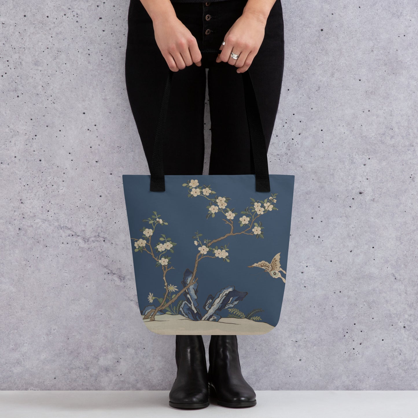 Kesi Flower Album｜White Plum Blossoms and Butterfly｜Tote bag｜Dark blue