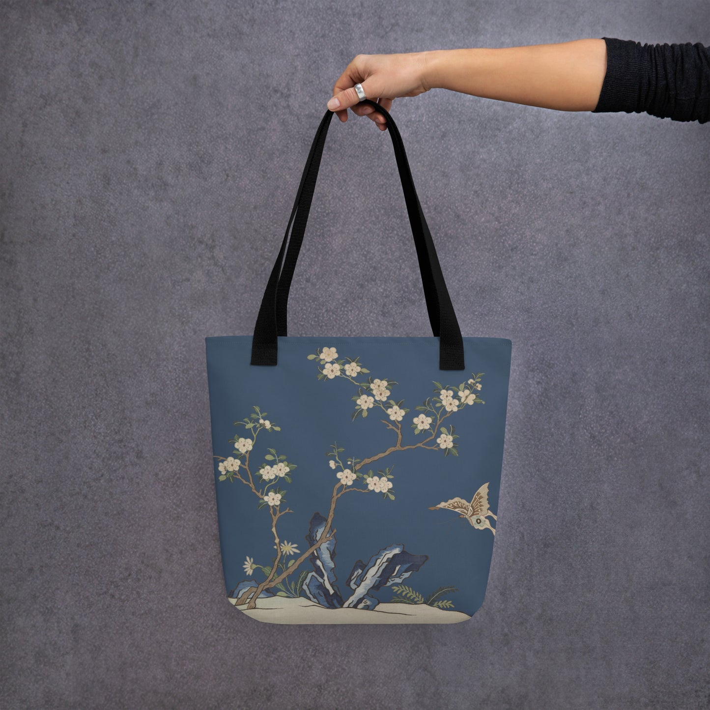 Kesi Flower Album｜White Plum Blossoms and Butterfly｜Tote bag｜Dark blue