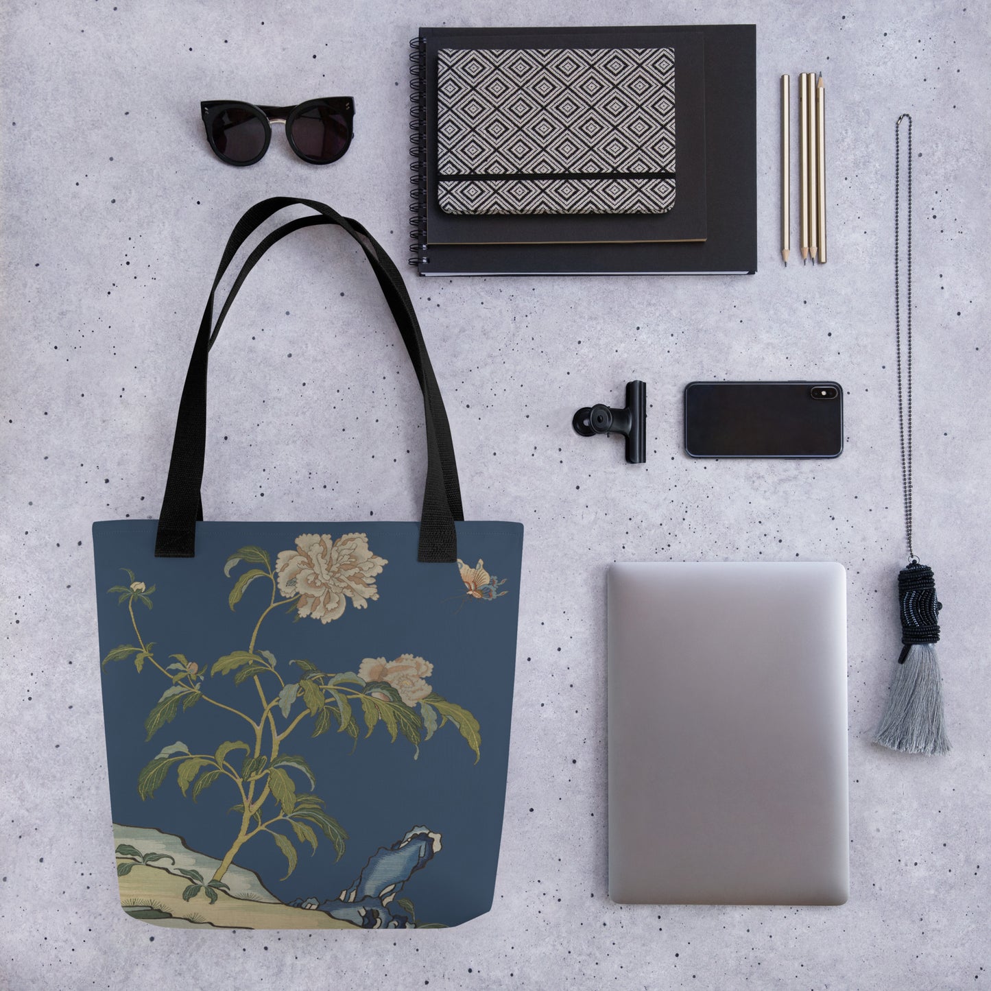 Kesi Flower Album｜Peonies and Butterfly｜Tote bag｜Dark blue