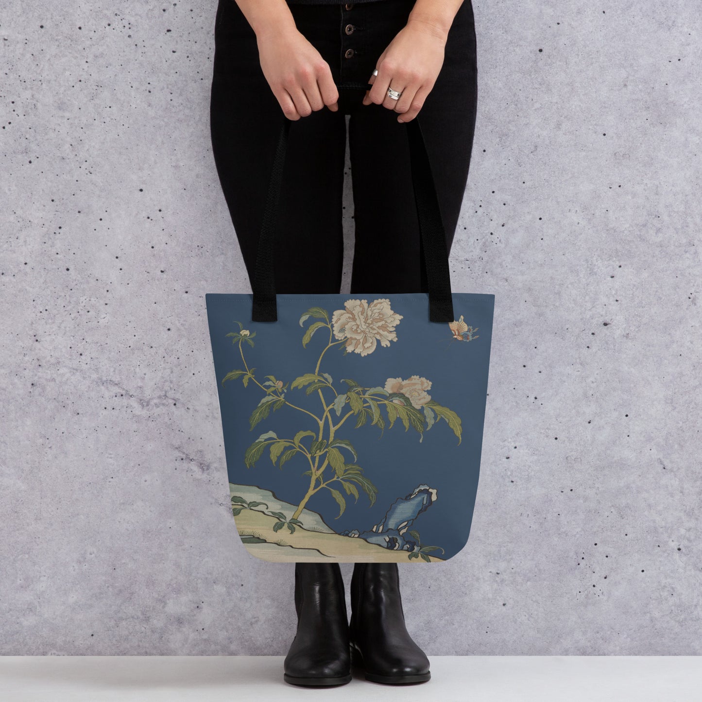 タペストリーの花｜Peonies and Butterfly｜Tote bag｜Dark blue