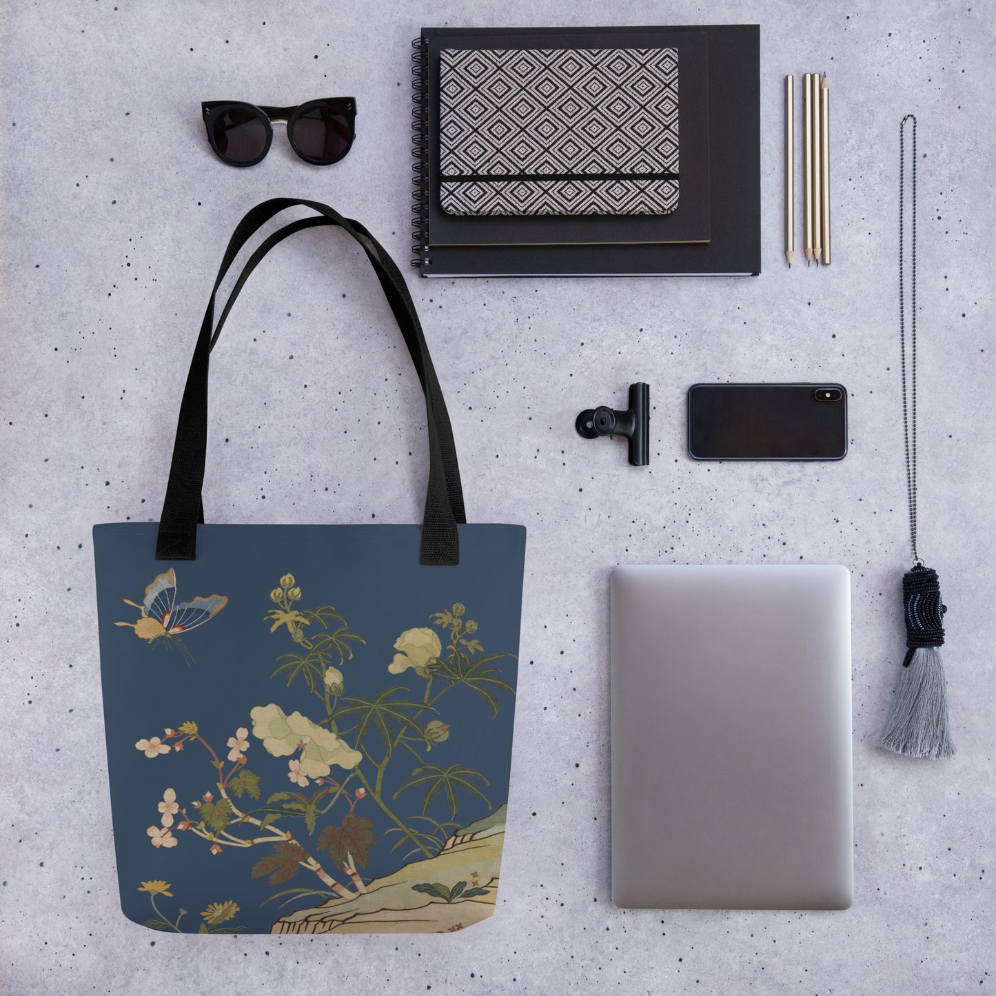 Kesi Flower Album｜Hibiscus and Begonia Blossoms｜Tote bag｜Dark blue