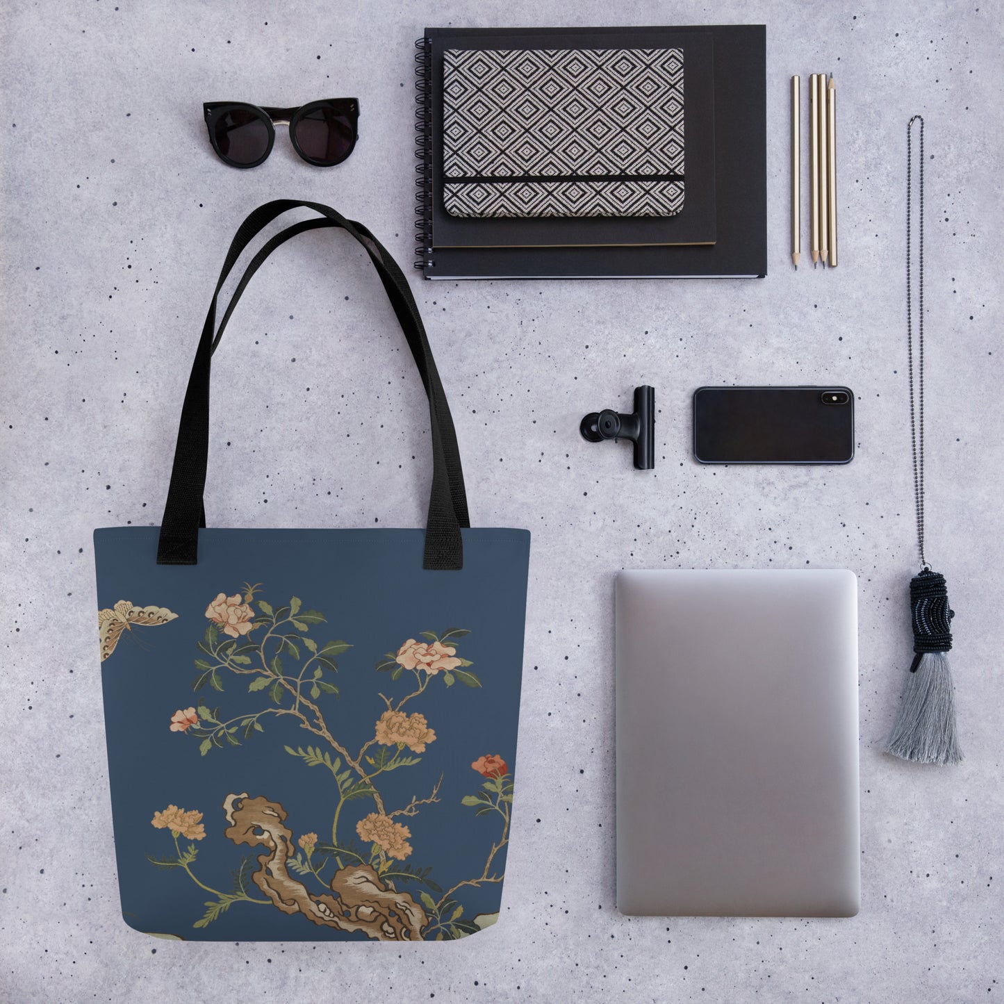 Kesi Flower Album｜Camellia and Butterfly｜Tote bag｜Dark blue