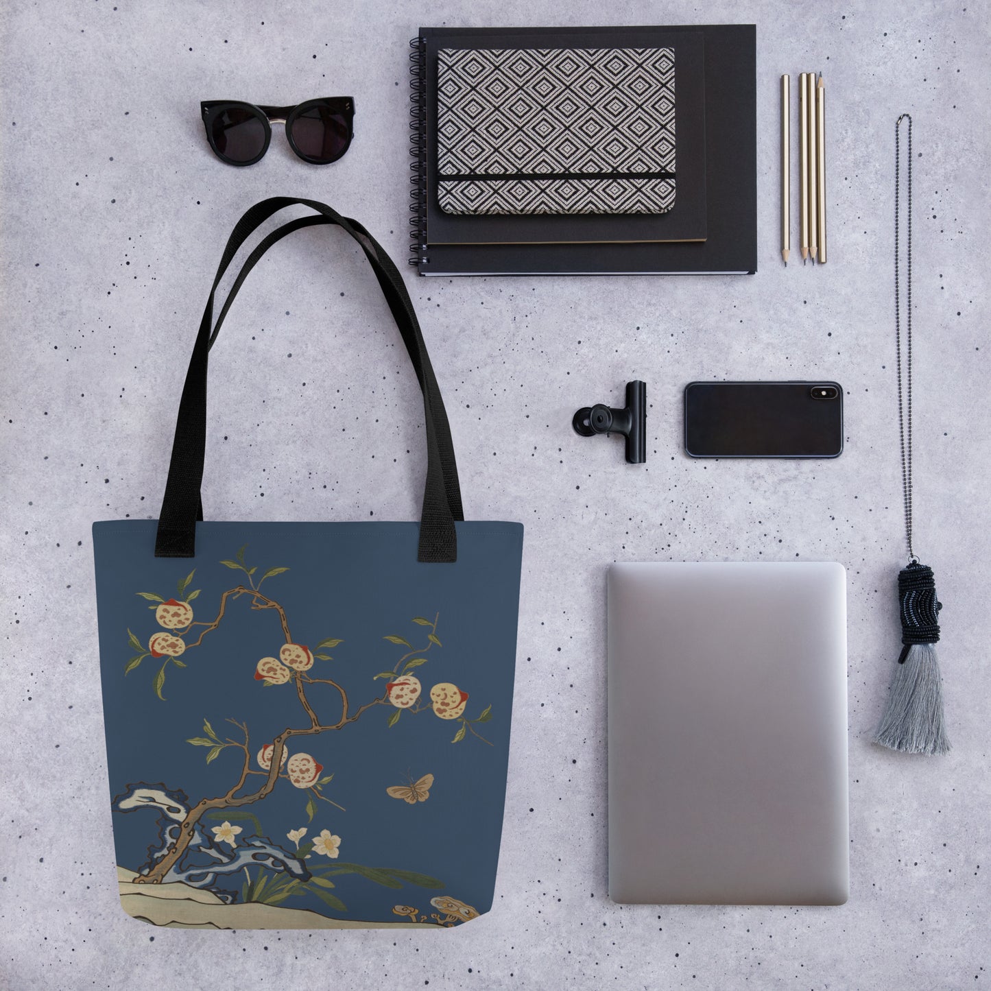 Kesi Flower Album｜Narcissus and Peaches｜Tote bag｜Dark blue