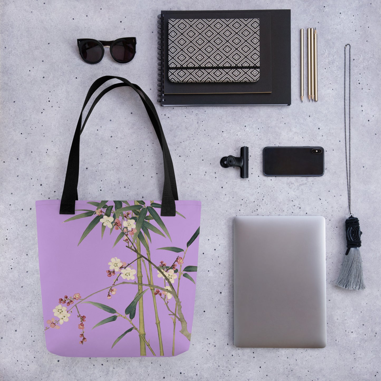 The Spirit of Flowers in Twelve Months｜Crimson Plum Blossom and Lush Green Bamboo｜Tote bag｜Lilac