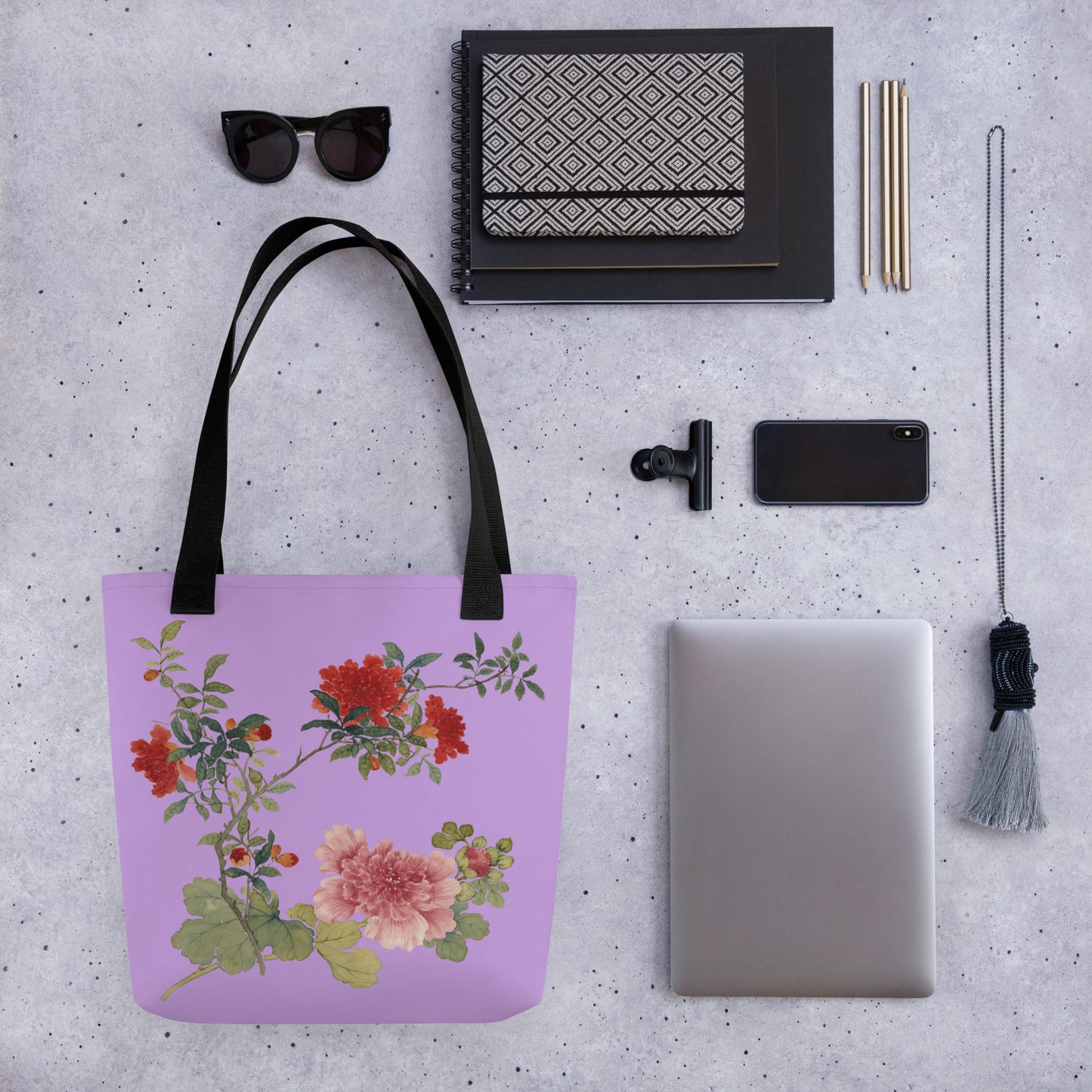 The Spirit of Flowers in Twelve Months｜Hollyhock and Pomegranate in Bloom｜Tote bag｜Lilac