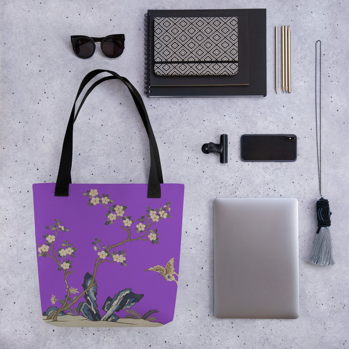 Kesi Flower Album｜White Plum Blossoms and Butterfly｜Tote bag｜Purple