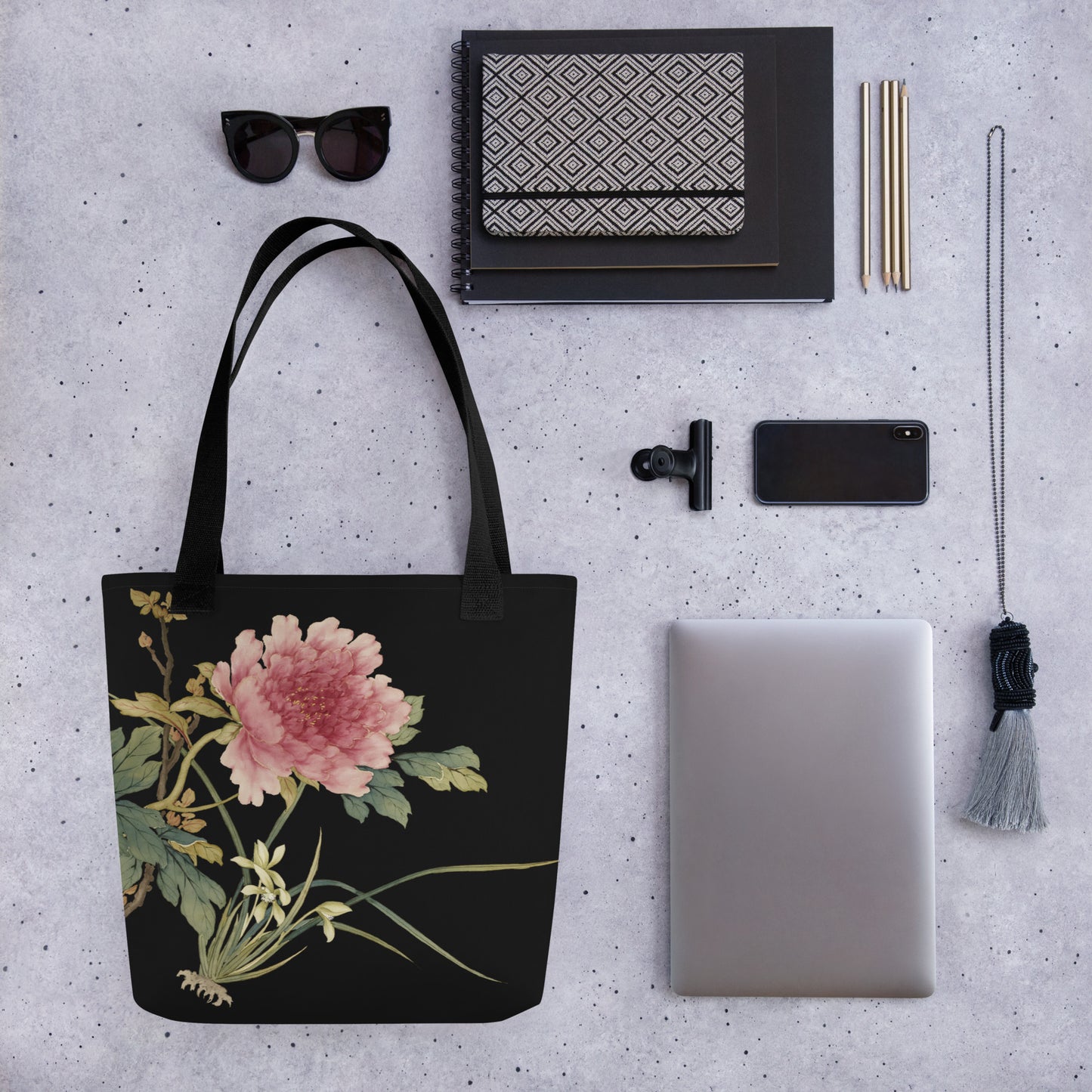 The Spirit of Flowers in Twelve Months｜Orchid and Tree Peony in Bloom｜Tote bag｜Black