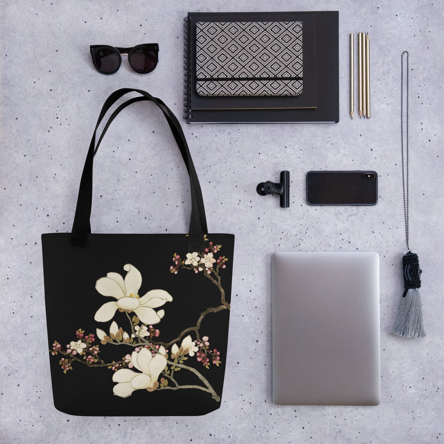 The Spirit of Flowers in Twelve Months｜Apricot and Lily Magnolia in Blossom｜Tote bag｜Black