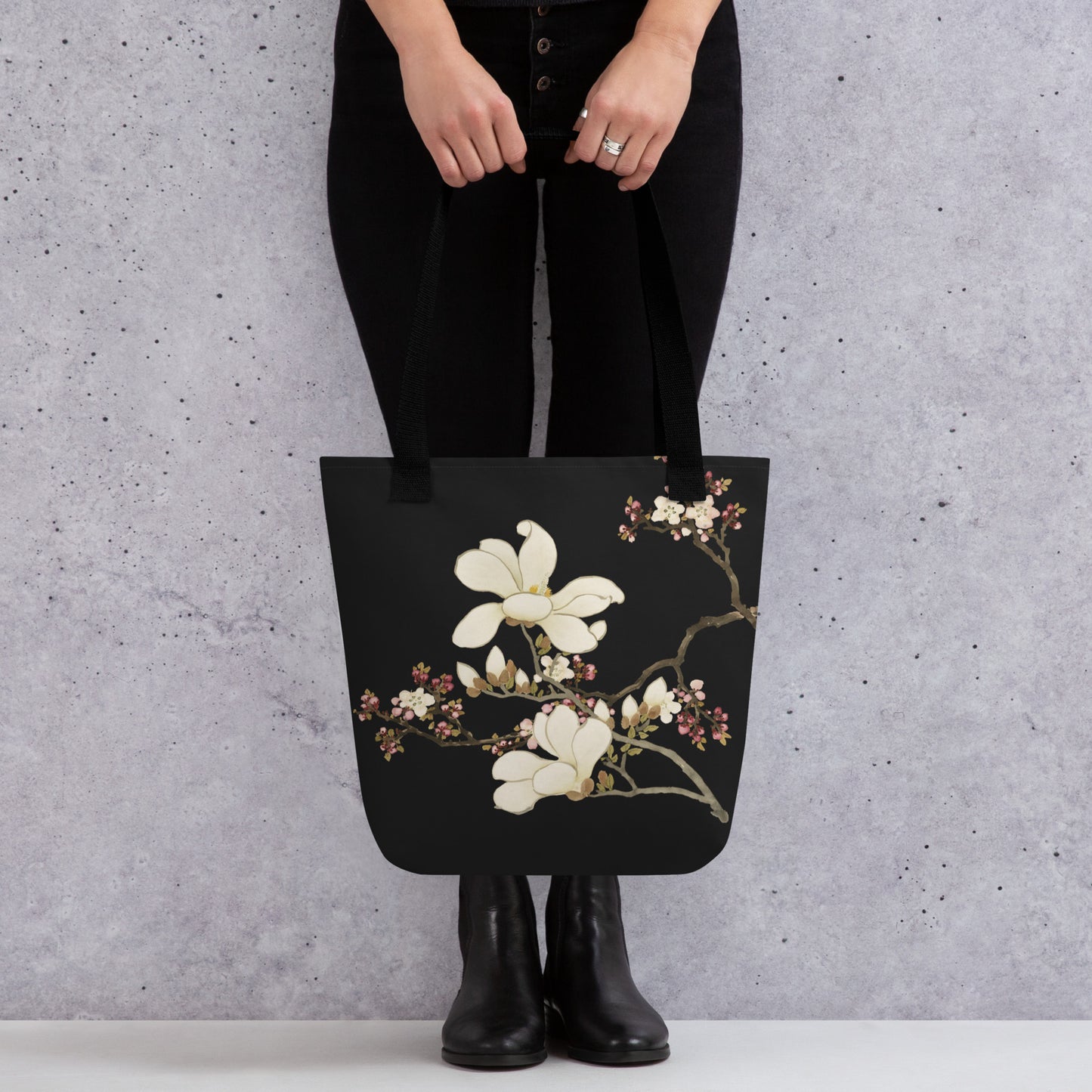 The Spirit of Flowers in Twelve Months｜Apricot and Lily Magnolia in Blossom｜Tote bag｜Black