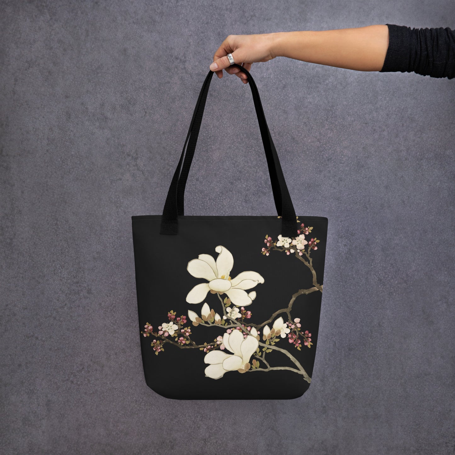 The Spirit of Flowers in Twelve Months｜Apricot and Lily Magnolia in Blossom｜Tote bag｜Black