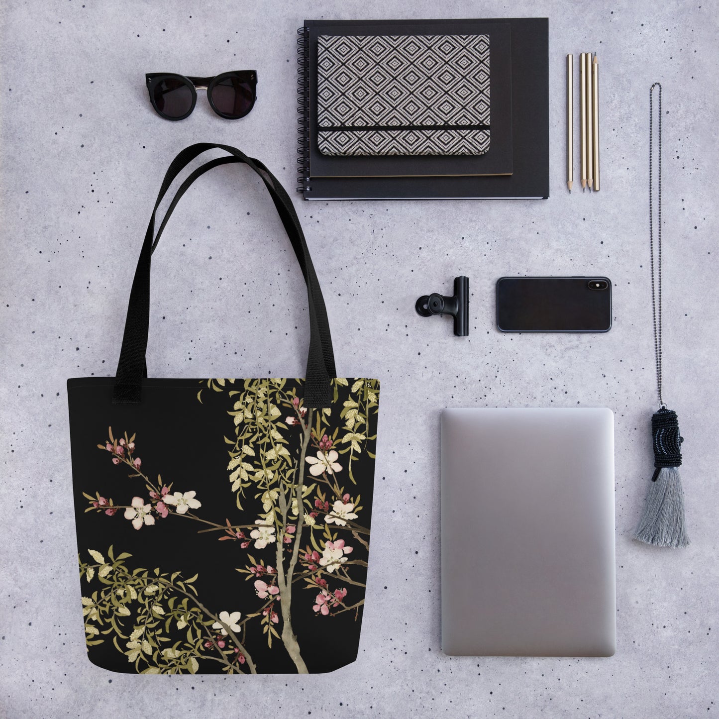 The Spirit of Flowers in Twelve Months｜Willow and Peach Blossom｜Tote bag｜Black