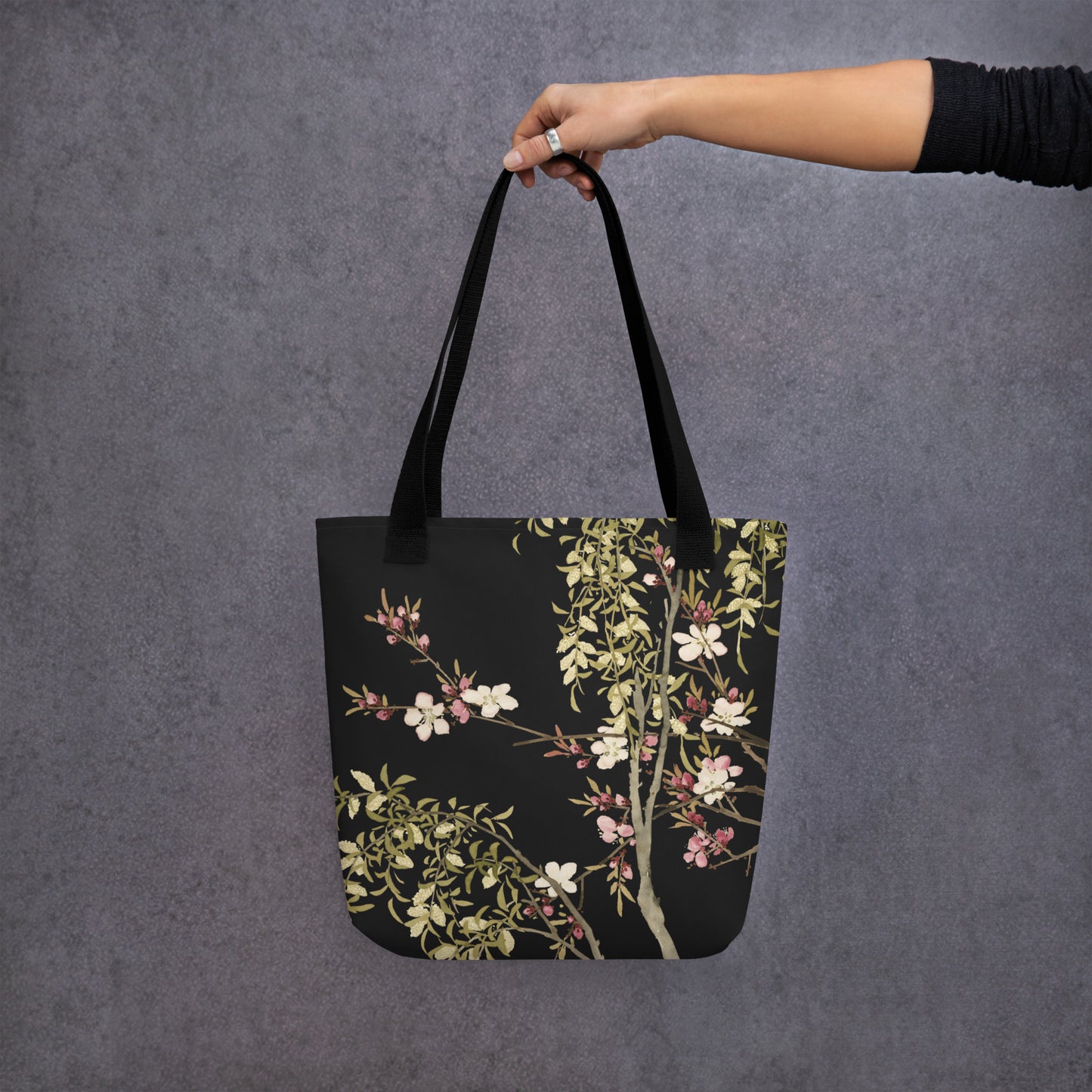 The Spirit of Flowers in Twelve Months｜Willow and Peach Blossom｜Tote bag｜Black