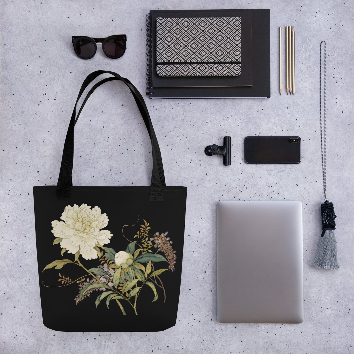 The Spirit of Flowers in Twelve Months｜Chinese Peony and Wisteria in Bloom｜Tote bag｜Black