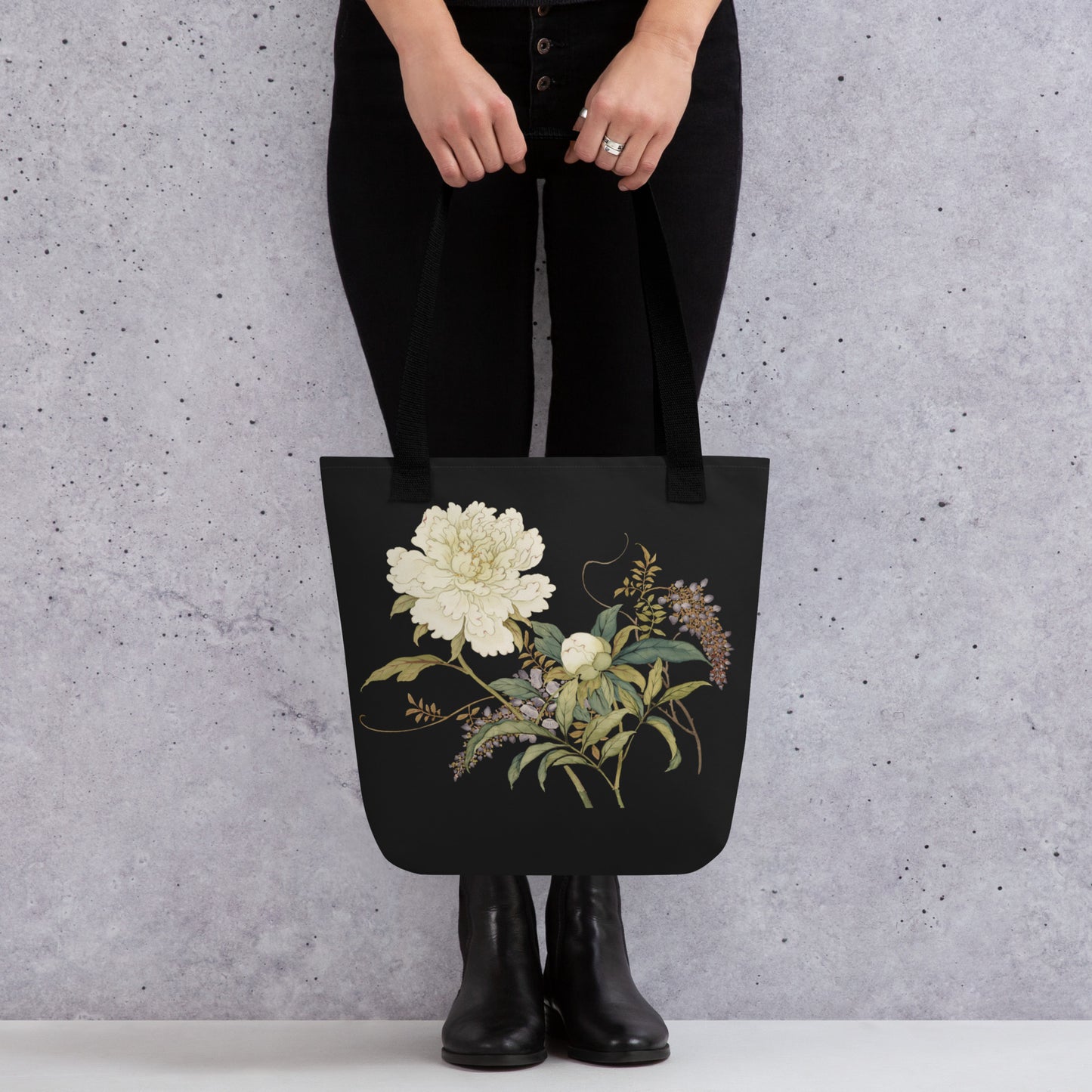 The Spirit of Flowers in Twelve Months｜Chinese Peony and Wisteria in Bloom｜Tote bag｜Black