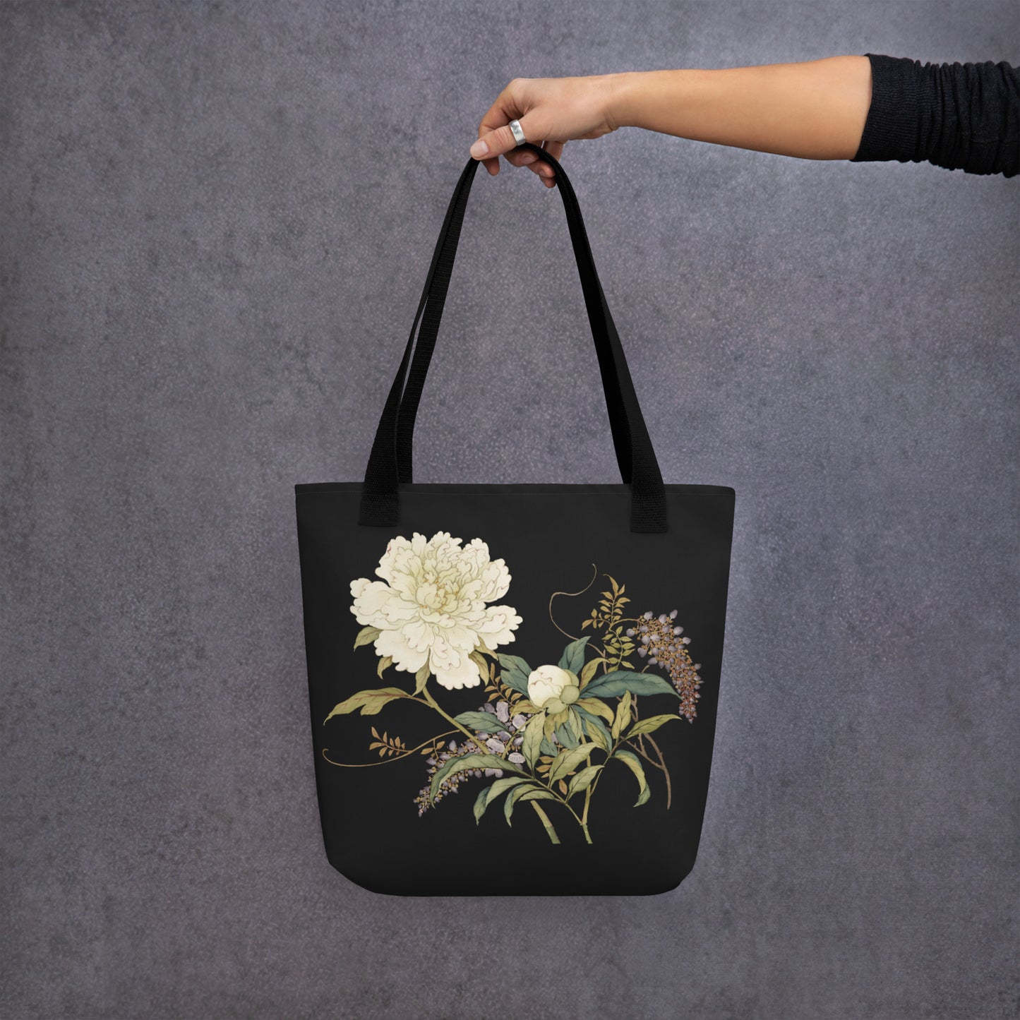 The Spirit of Flowers in Twelve Months｜Chinese Peony and Wisteria in Bloom｜Tote bag｜Black