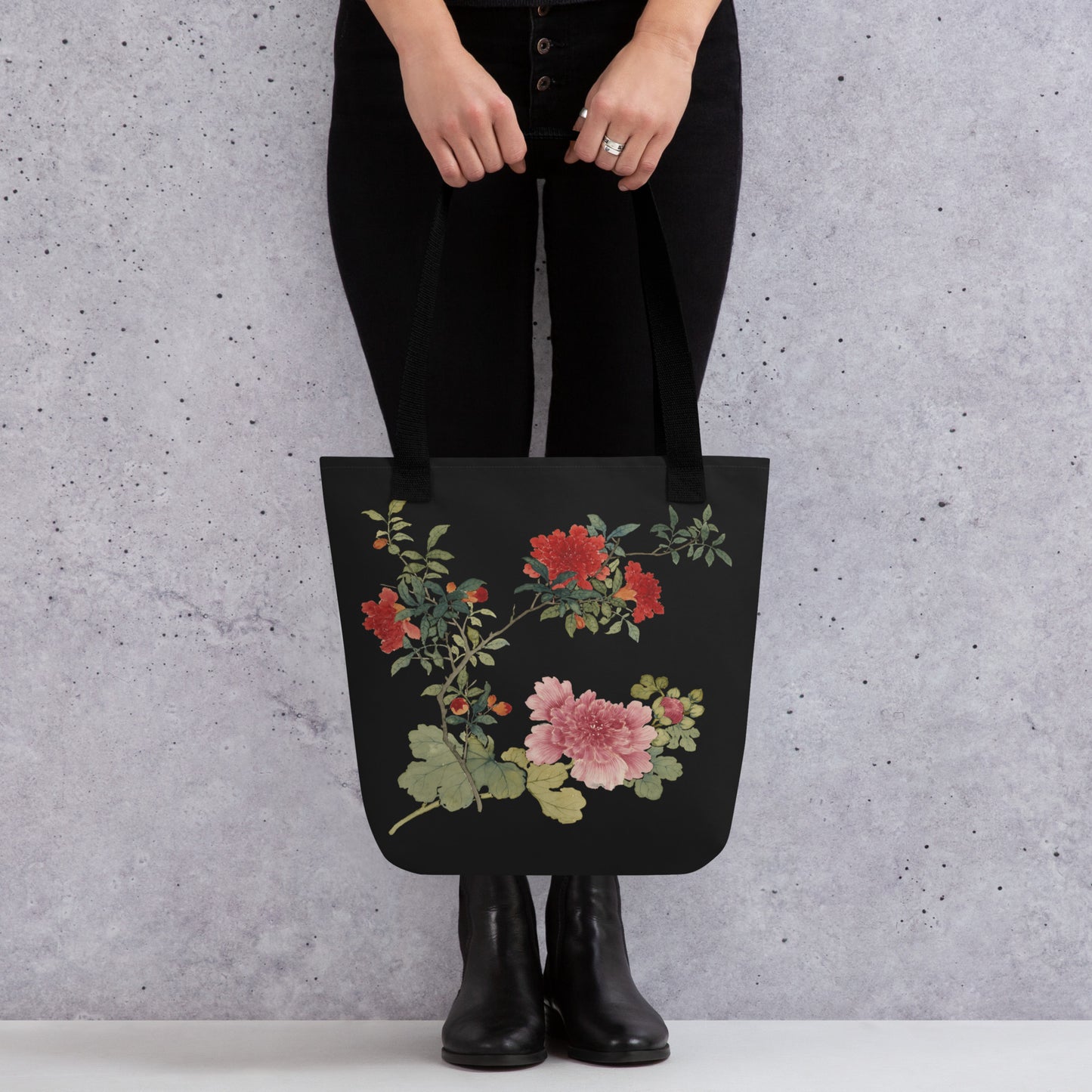 The Spirit of Flowers in Twelve Months｜Hollyhock and Pomegranate in Bloom｜Tote bag｜Black