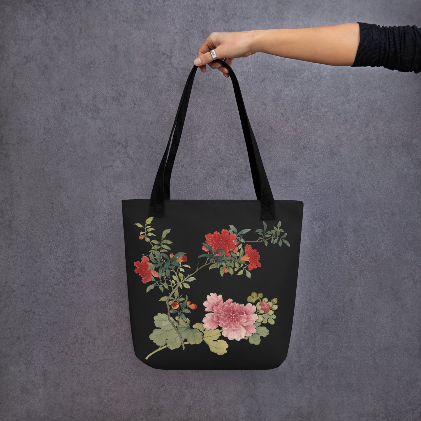 The Spirit of Flowers in Twelve Months｜Hollyhock and Pomegranate in Bloom｜Tote bag｜Black