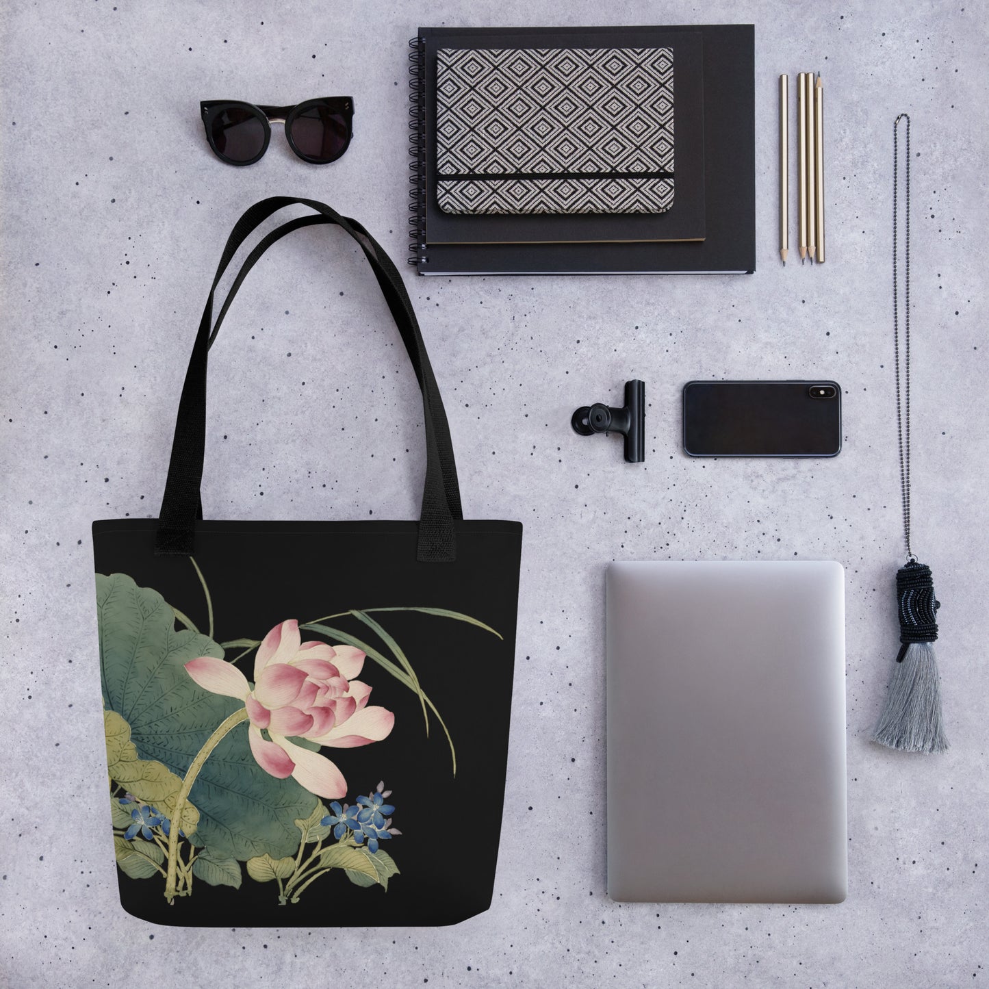 The Spirit of Flowers in Twelve Months｜Lotus in Bloom｜Tote bag｜Black