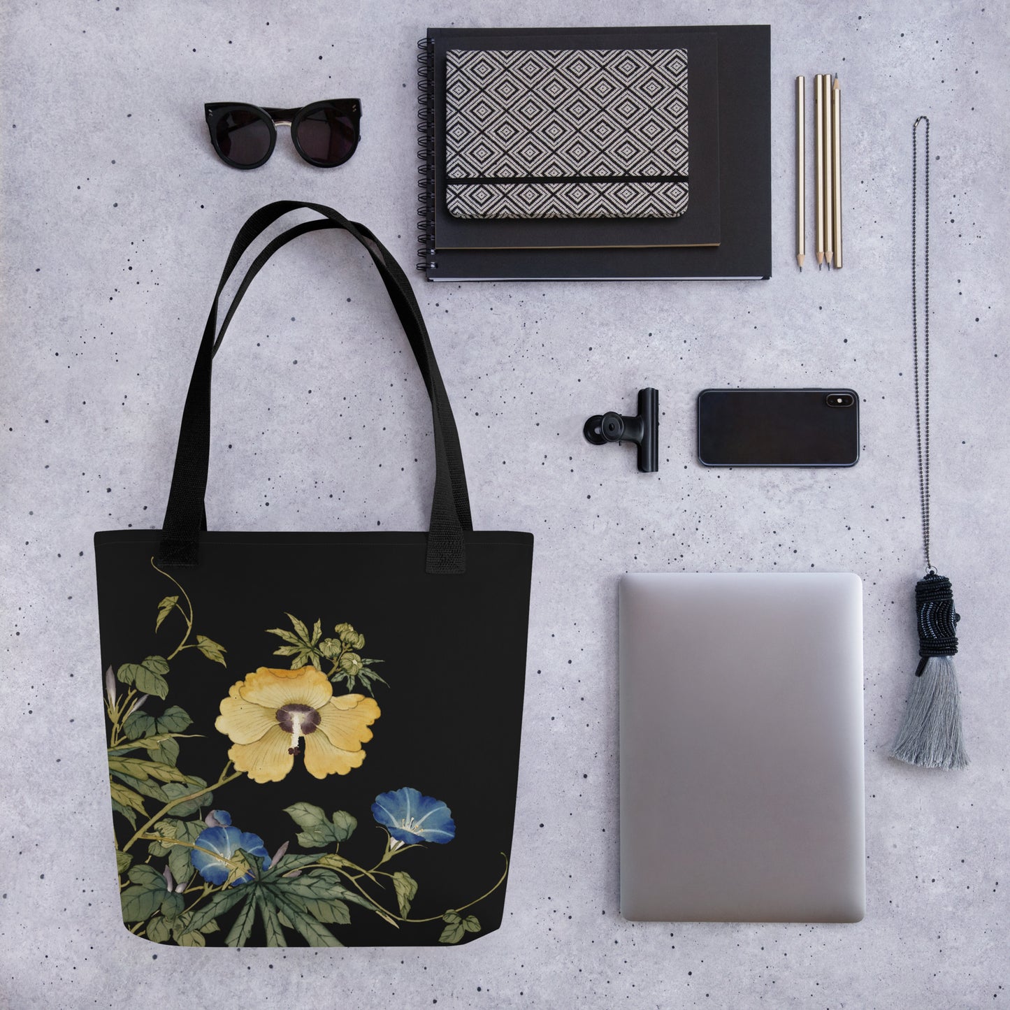 The Spirit of Flowers in Twelve Months｜Okra and White-edged Morning Glory in Bloom｜Tote bag｜Black