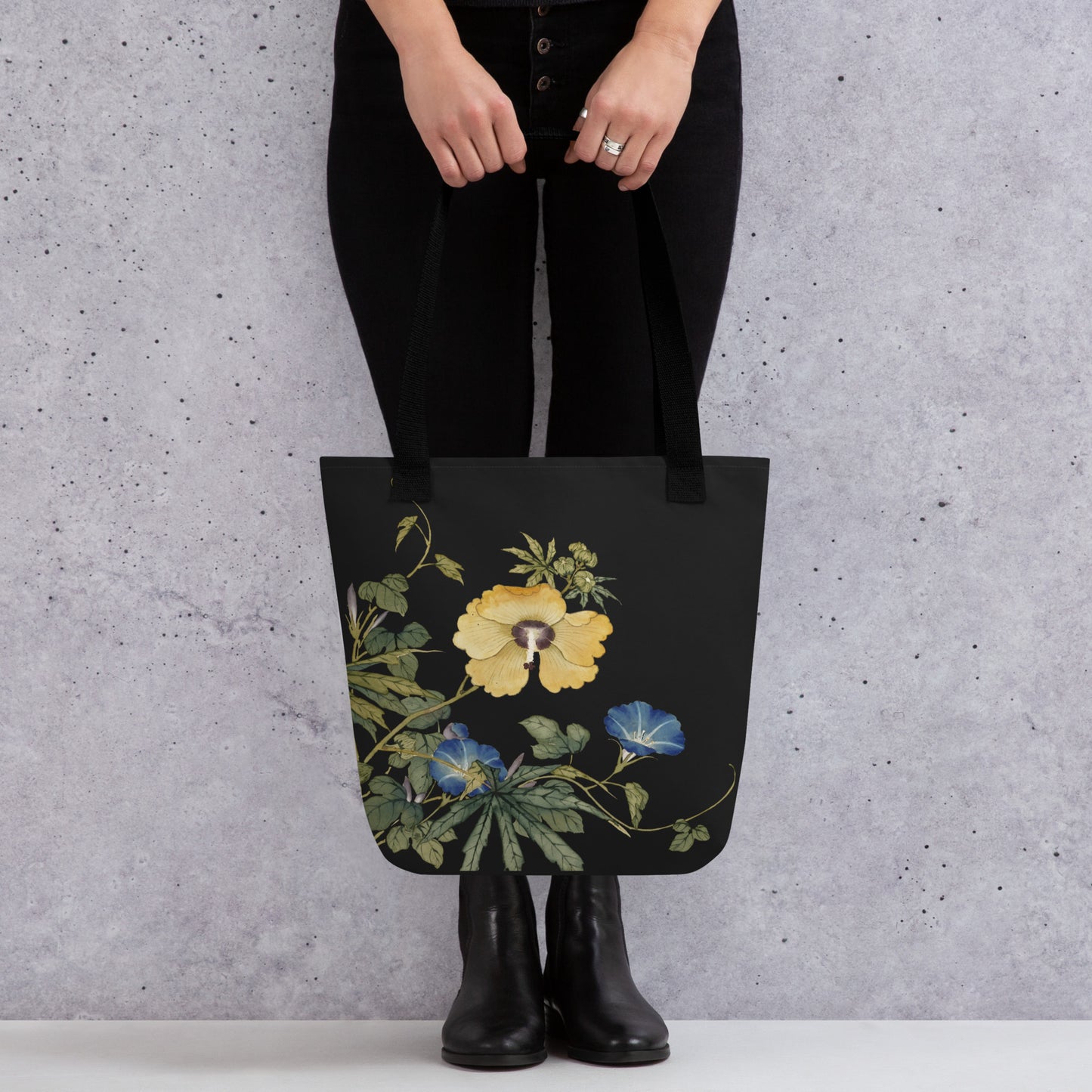 The Spirit of Flowers in Twelve Months｜Okra and White-edged Morning Glory in Bloom｜Tote bag｜Black