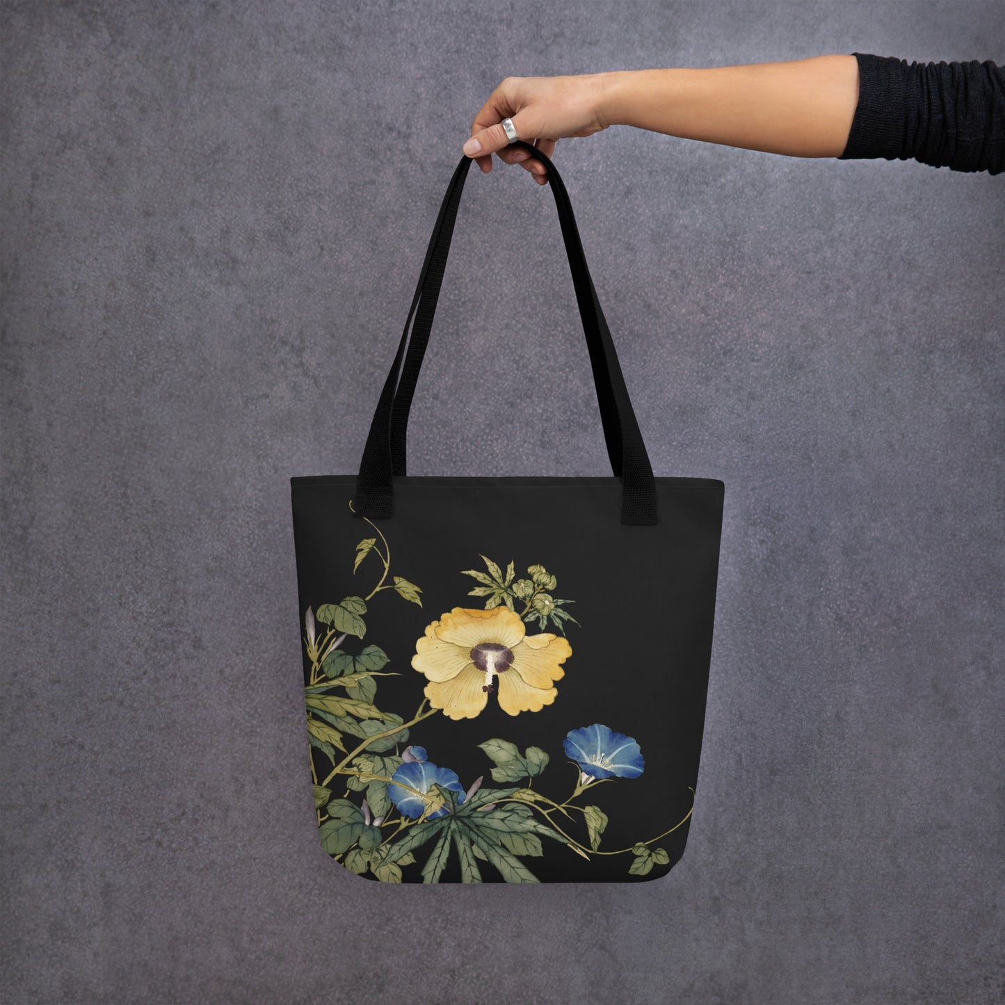 The Spirit of Flowers in Twelve Months｜Okra and White-edged Morning Glory in Bloom｜Tote bag｜Black