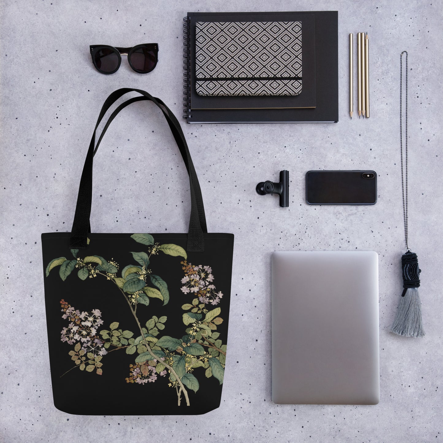 The Spirit of Flowers in Twelve Months｜Osmanthus and Crape Myrtle in Bloom｜Tote bag｜Black