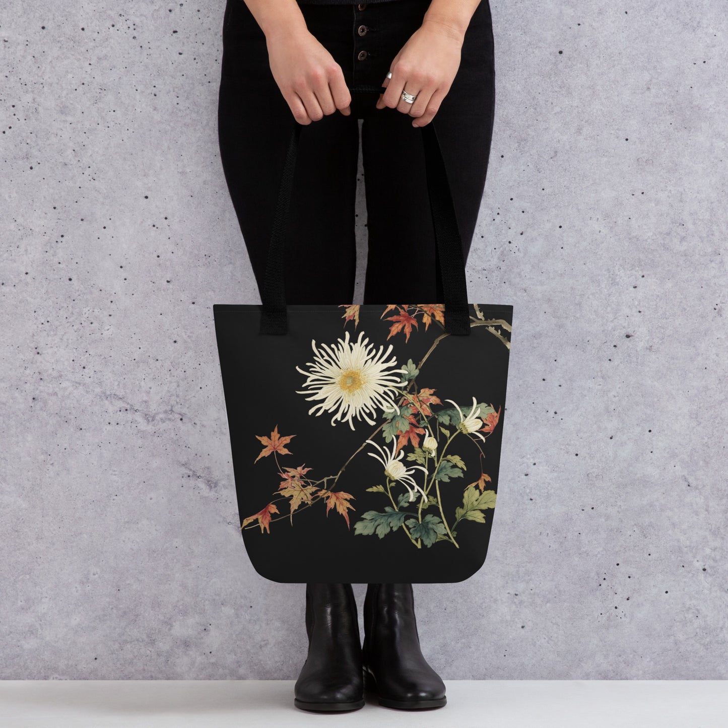 12月の花神様｜Blooming Chrysanthemum and Maple Leaves｜Tote bag｜Black