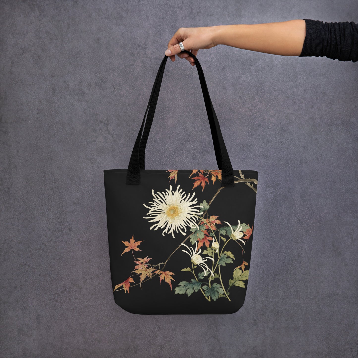 The Spirit of Flowers in Twelve Months｜Blooming Chrysanthemum and Maple Leaves｜Tote bag｜Black