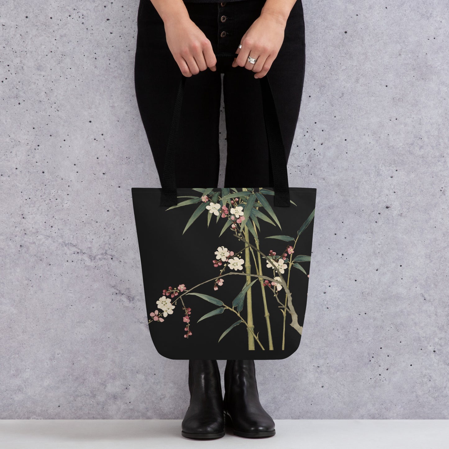 The Spirit of Flowers in Twelve Months｜Crimson Plum Blossom and Lush Green Bamboo｜Tote bag｜Black