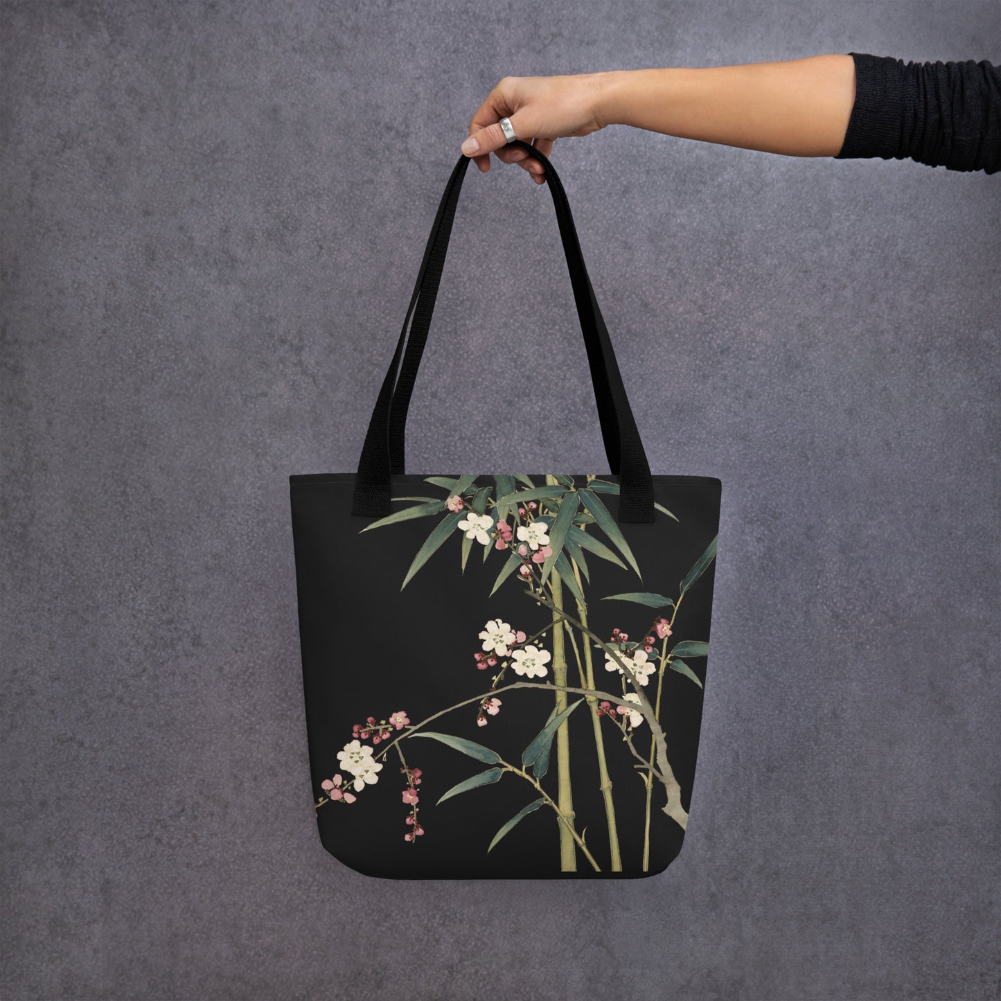 The Spirit of Flowers in Twelve Months｜Crimson Plum Blossom and Lush Green Bamboo｜Tote bag｜Black