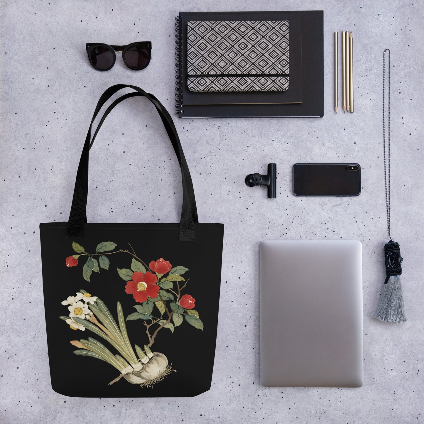 The Spirit of Flowers in Twelve Months｜Narcissus and Camelia in Bloom｜Tote bag｜Black