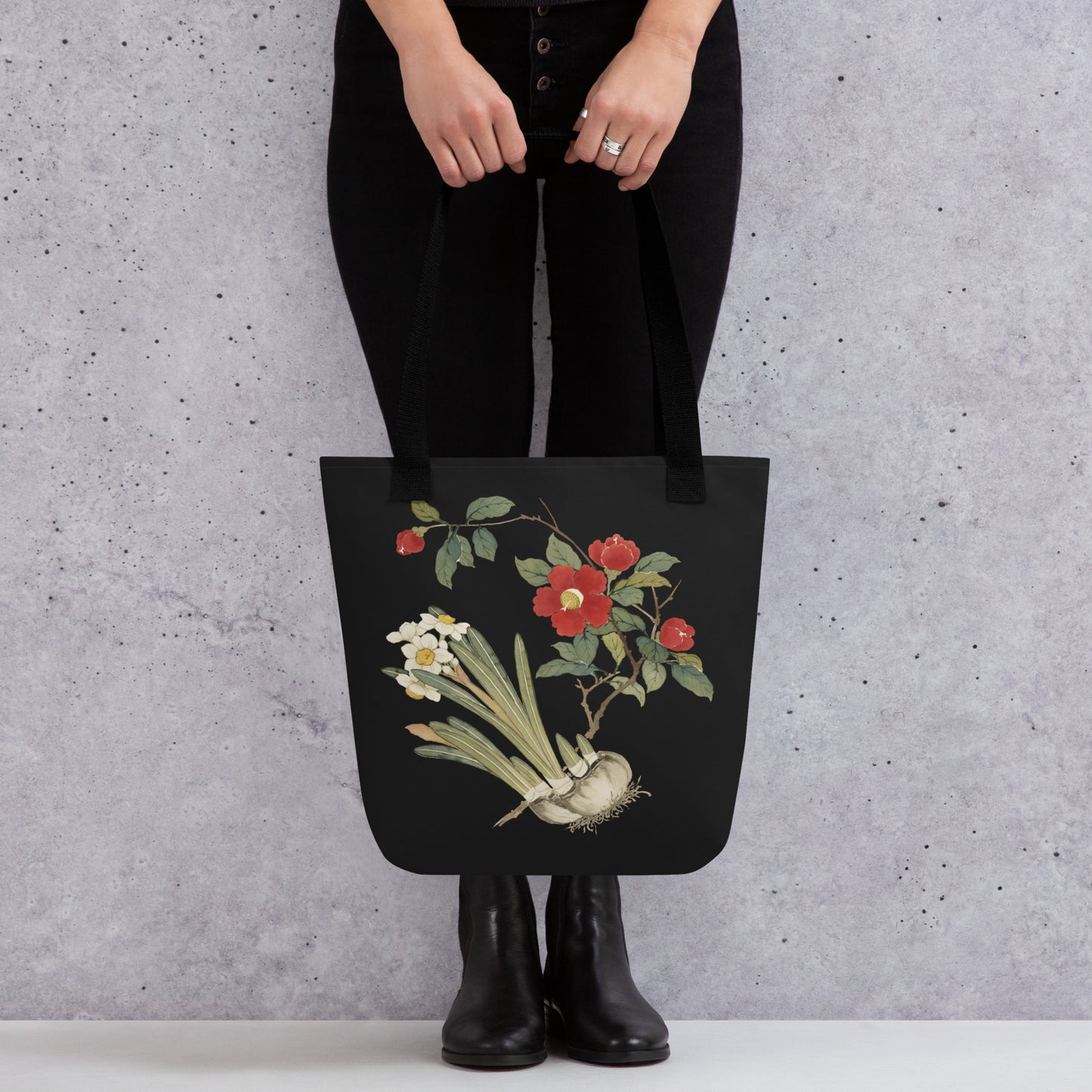 The Spirit of Flowers in Twelve Months｜Narcissus and Camelia in Bloom｜Tote bag｜Black