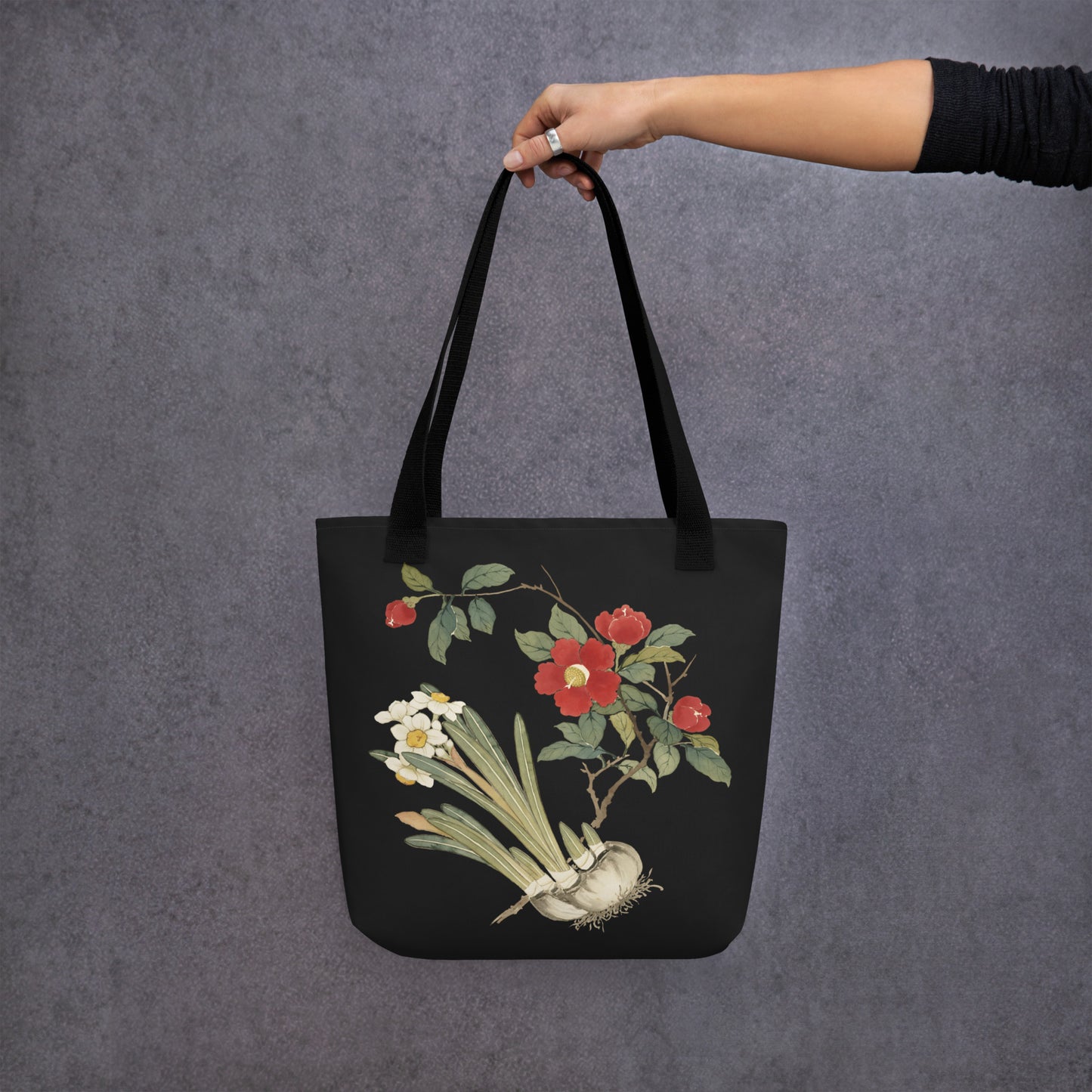 The Spirit of Flowers in Twelve Months｜Narcissus and Camelia in Bloom｜Tote bag｜Black