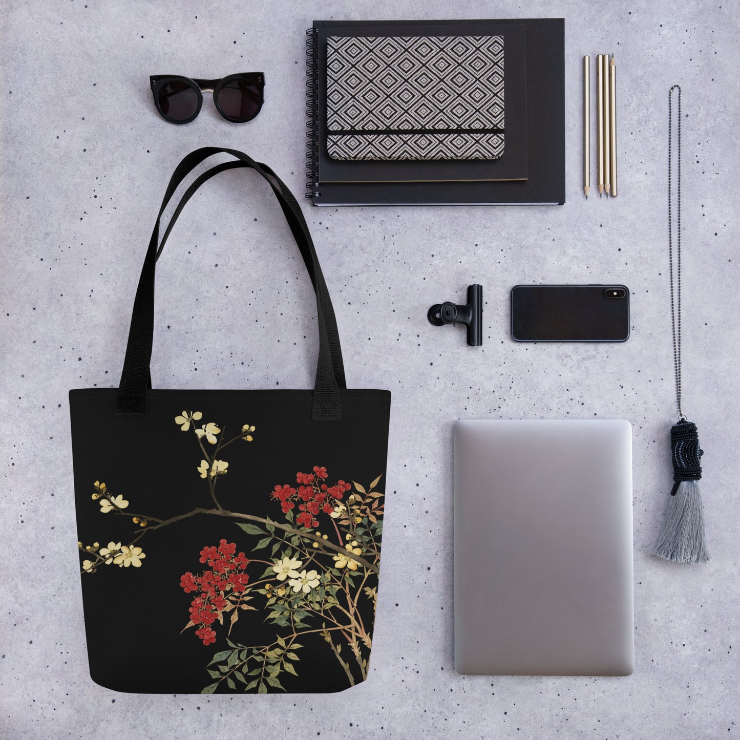 The Spirit of Flowers in Twelve Months｜Blooming Wintersweet and Heavenly Bamboo｜Tote bag｜Black