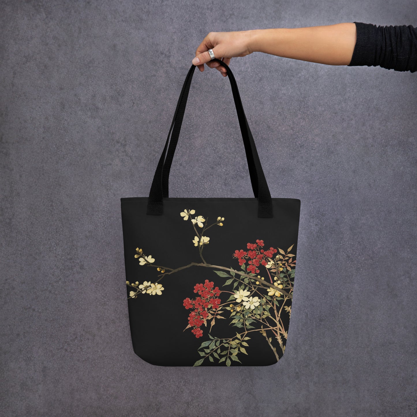 The Spirit of Flowers in Twelve Months｜Blooming Wintersweet and Heavenly Bamboo｜Tote bag｜Black