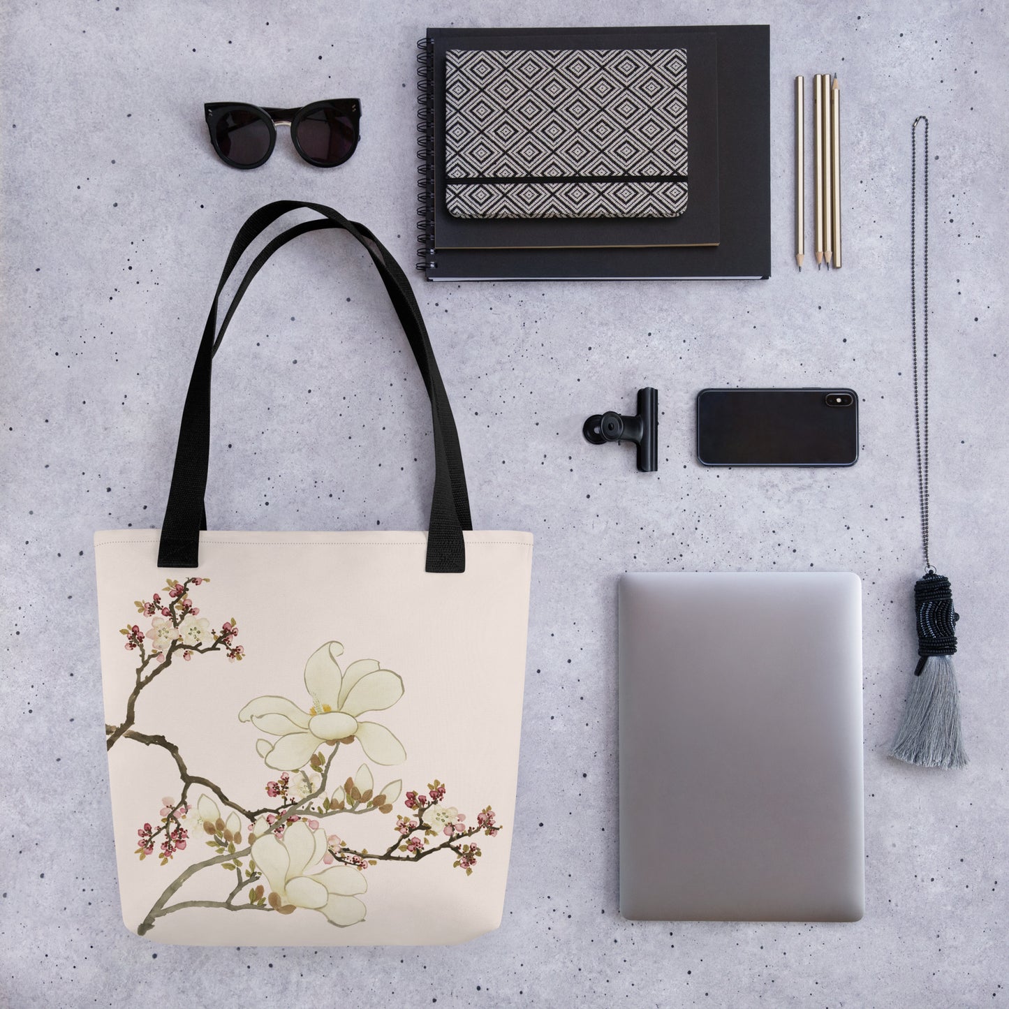 The Spirit of Flowers in Twelve Months｜Apricot and Lily Magnolia in Blossom｜Tote bag｜Fish belly white