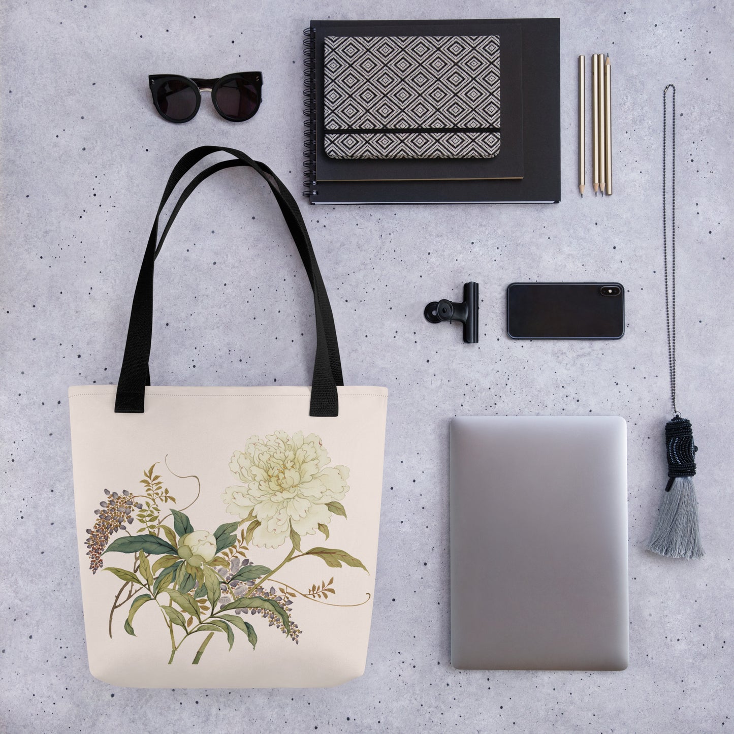 The Spirit of Flowers in Twelve Months｜Chinese Peony and Wisteria in Bloom｜Tote bag｜Fish belly white